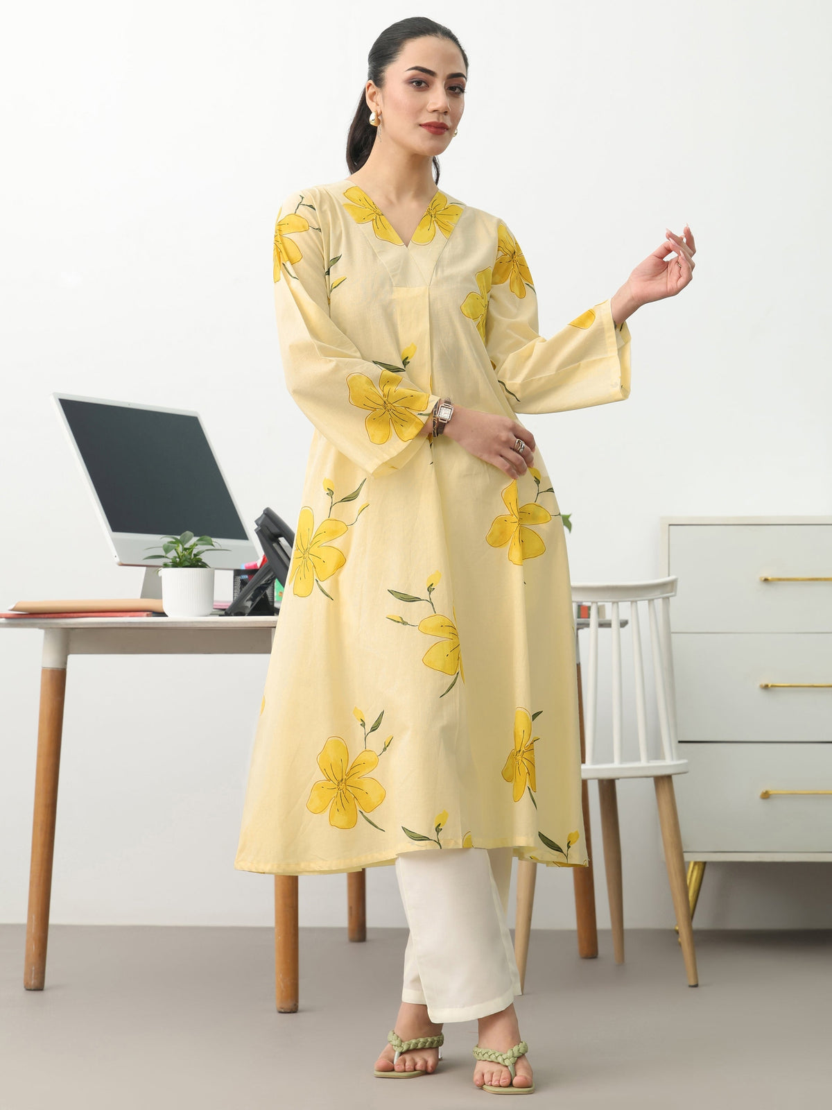 Gerua Off White Floral Printed Cotton Blend A-Line Kurta