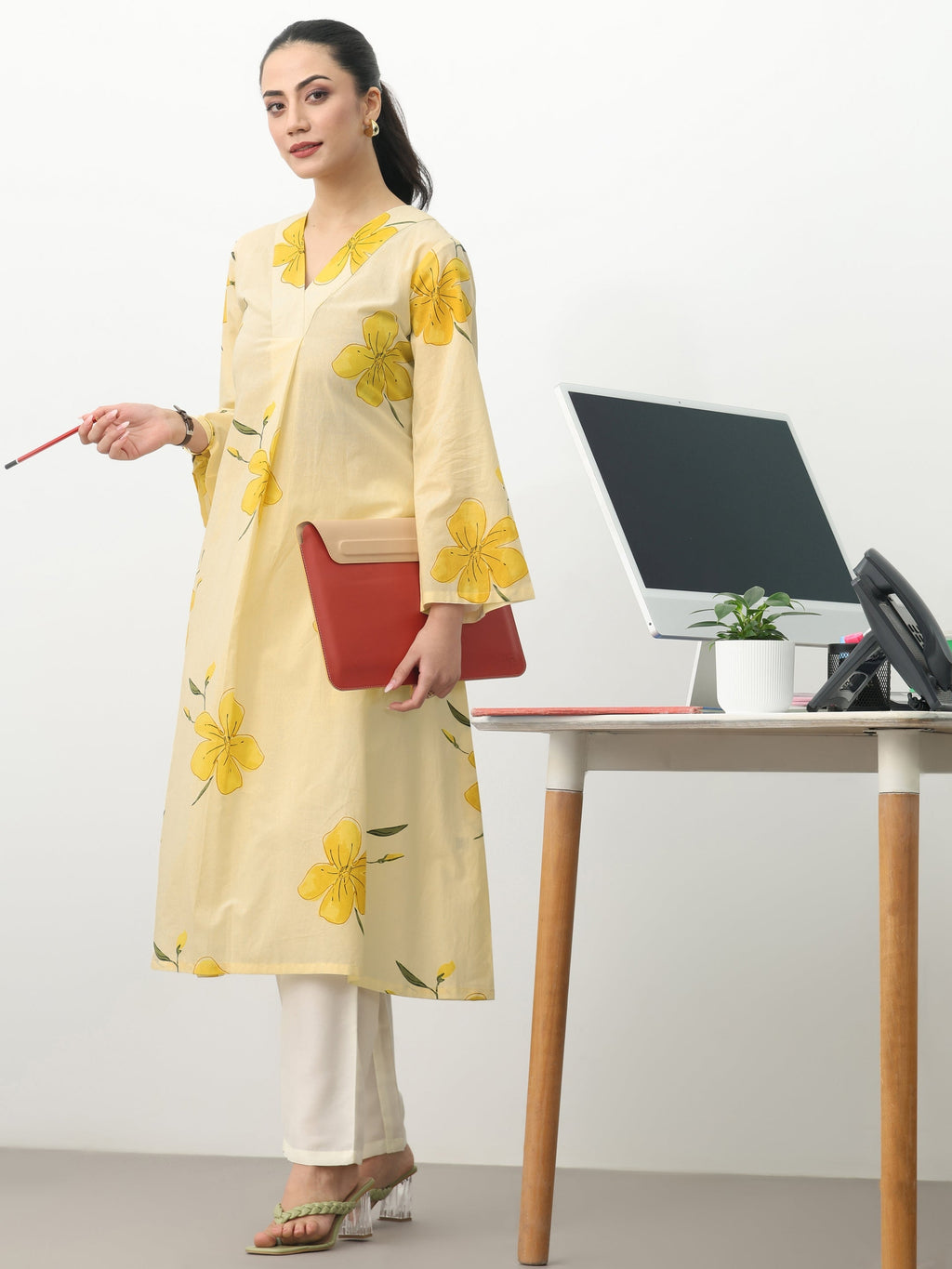 Gerua Off White Floral Printed Cotton Blend A-Line Kurta