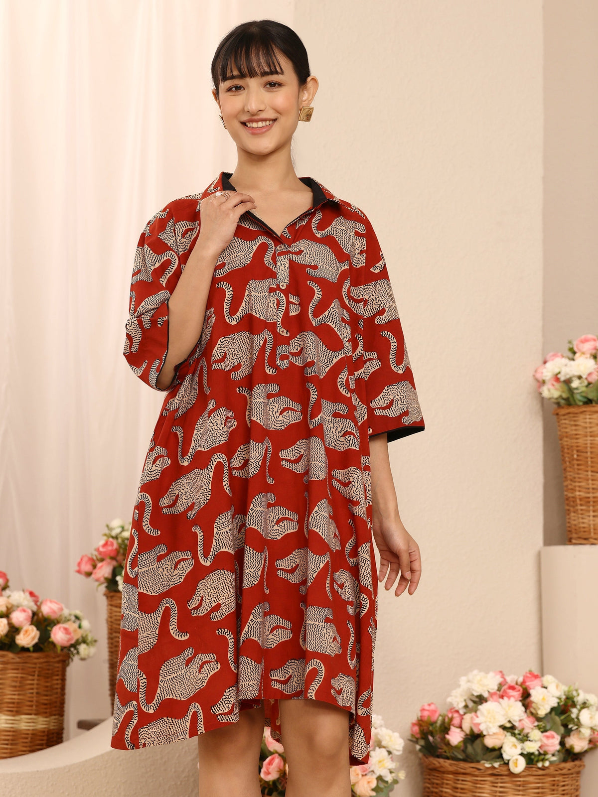 Gerua Rust Animal Printed Cotton Blend Shirt Dress