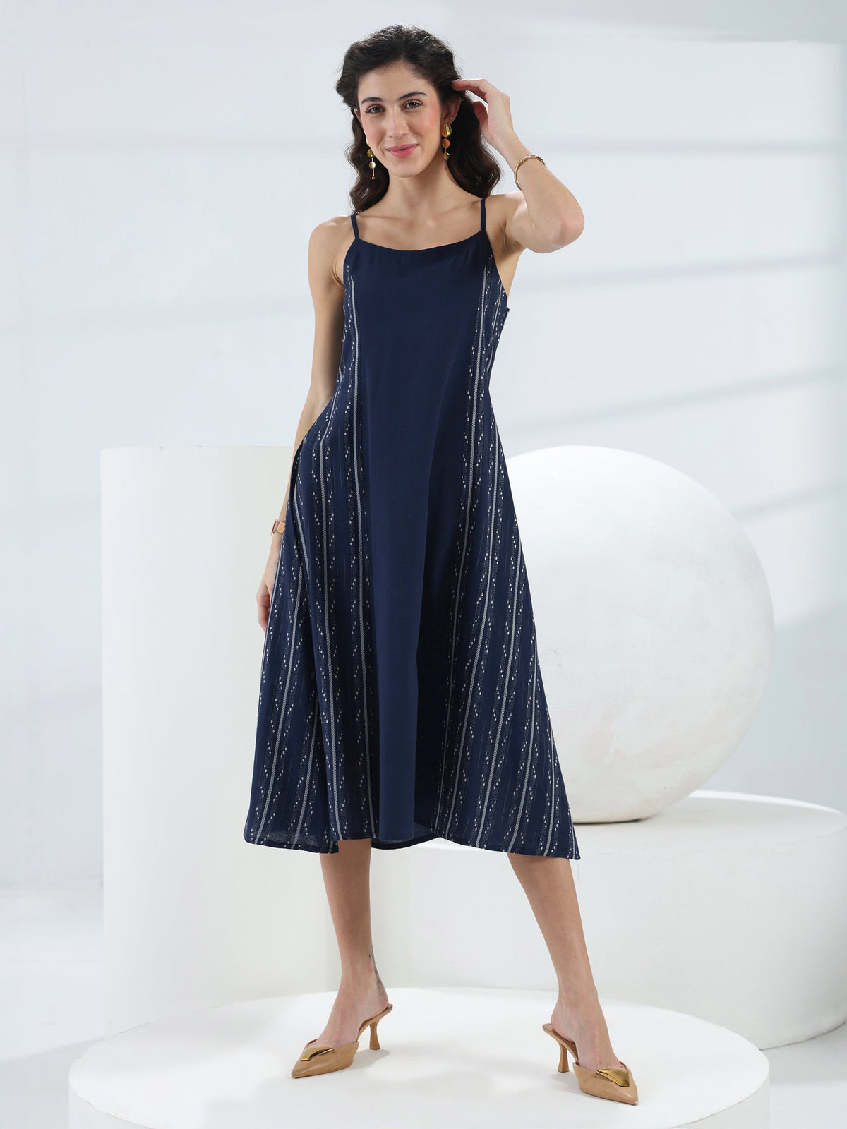 Gerua Blue Ethnic Woven Design Cotton Blend A-Line One Piece Dress
