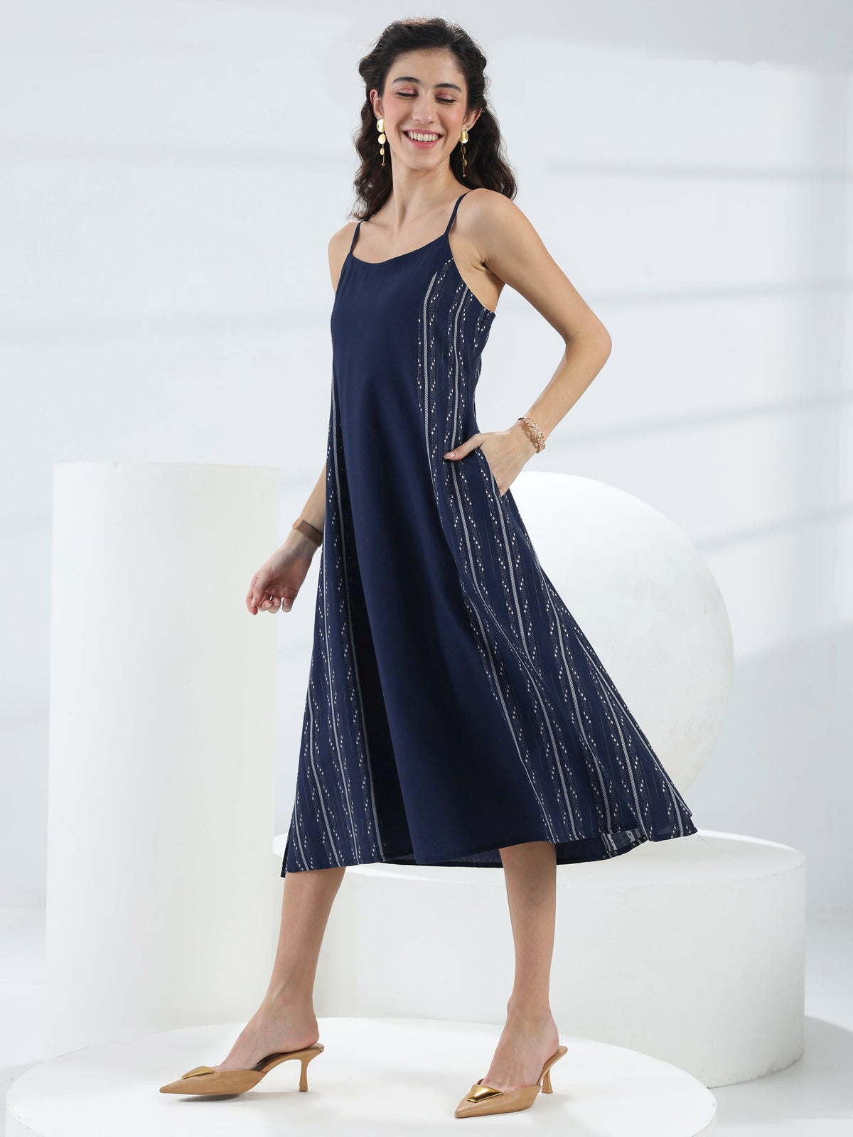 Gerua Blue Ethnic Woven Design Cotton Blend A-Line One Piece Dress