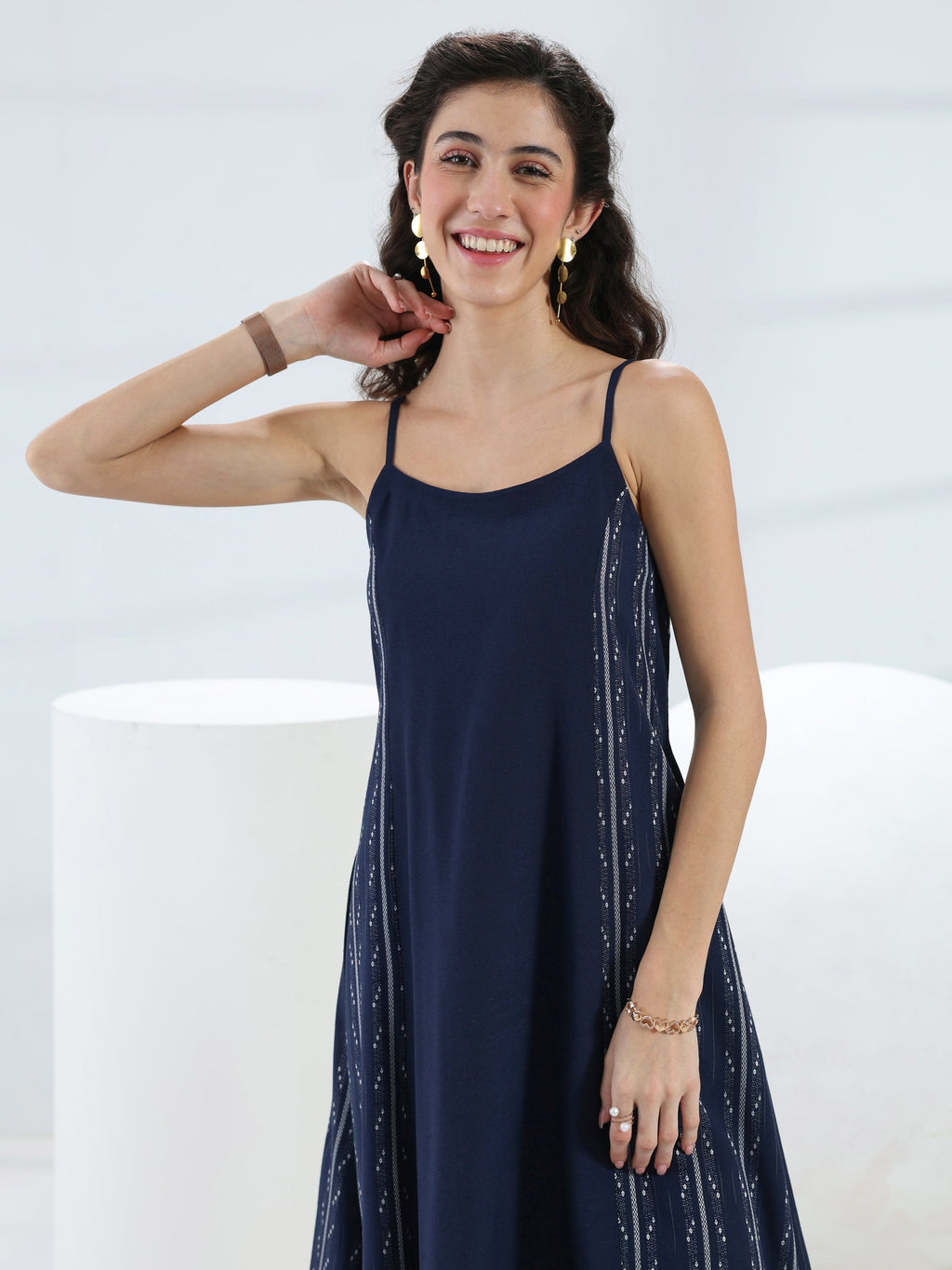 Gerua Blue Ethnic Woven Design Cotton Blend A-Line One Piece Dress