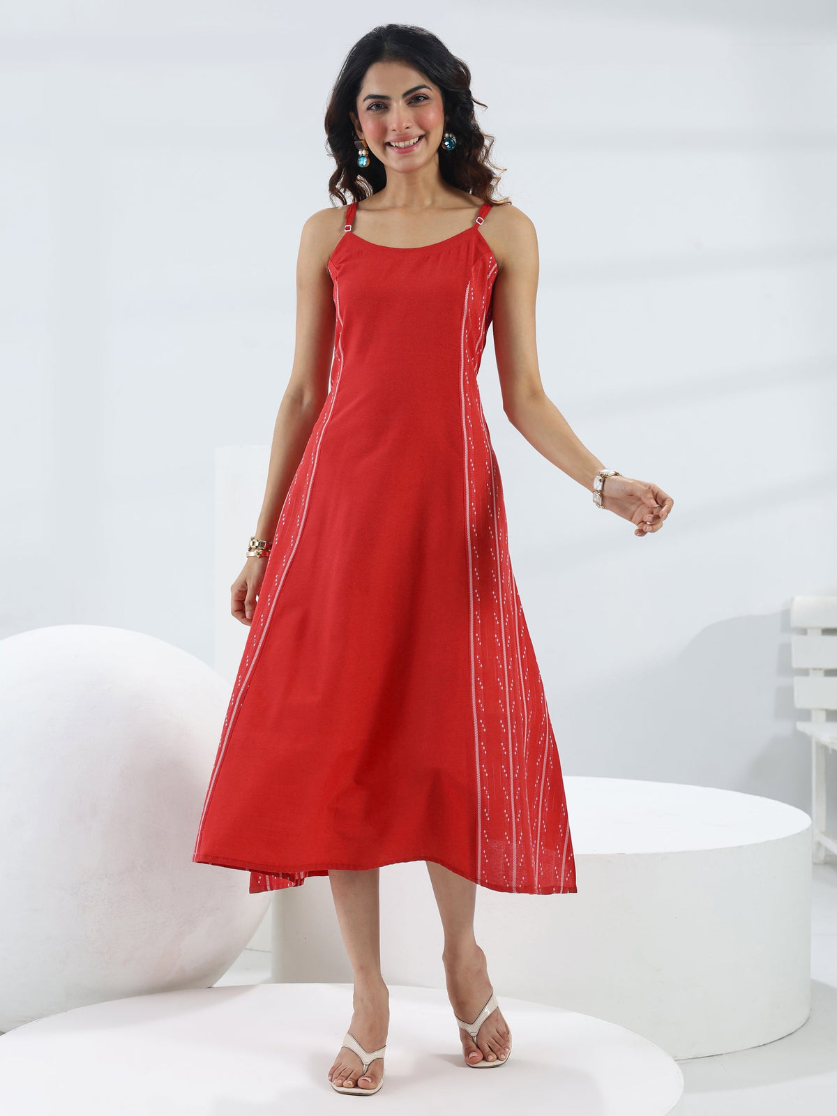 Gerua Red Ethnic Woven Design Cotton Blend A-Line One Piece Dress