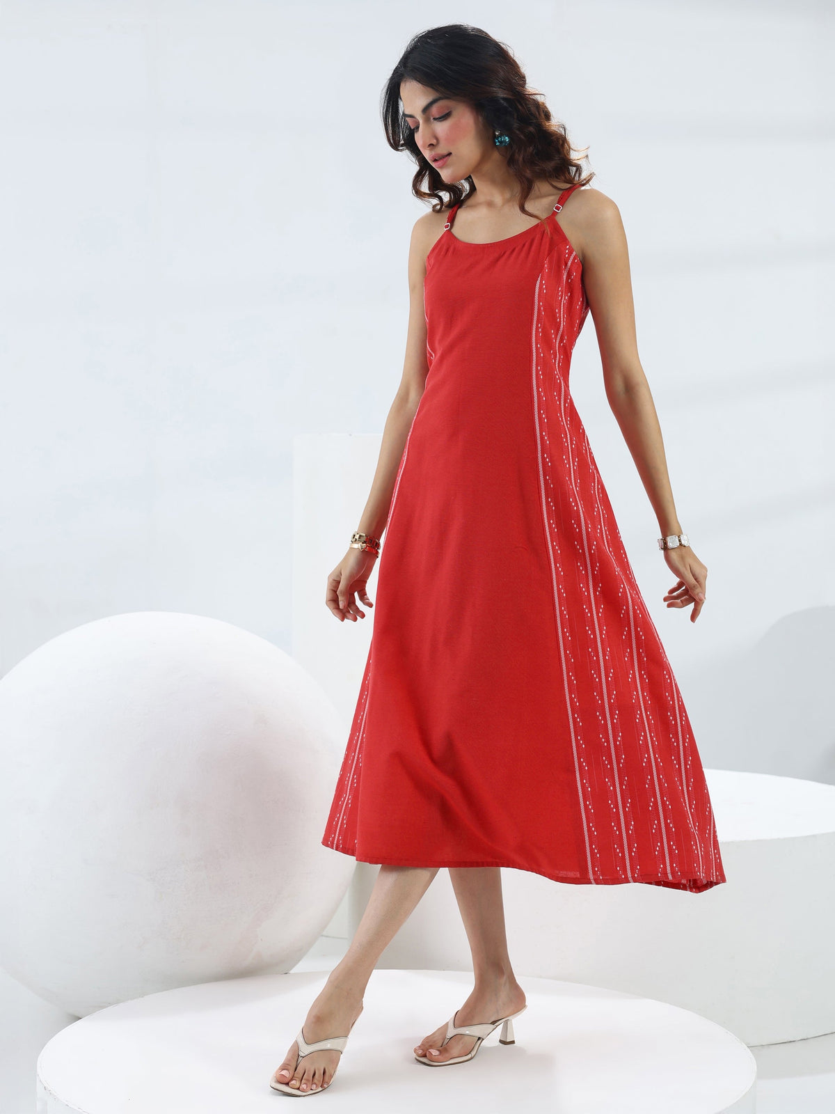 Gerua Red Ethnic Woven Design Cotton Blend A-Line One Piece Dress