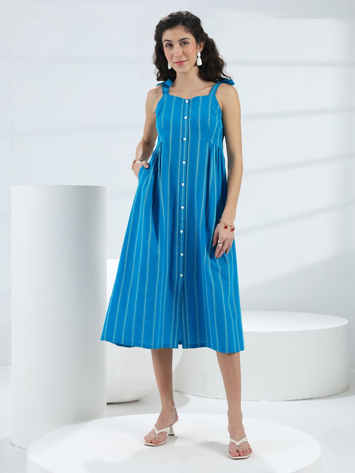 Gerua Blue Striped Woven Design Cotton Blend A-line Dress