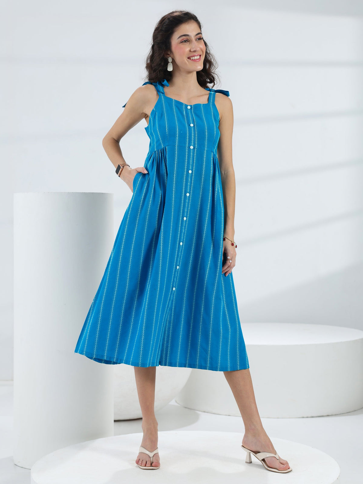 Gerua Blue Striped Woven Design Cotton Blend A-line Dress