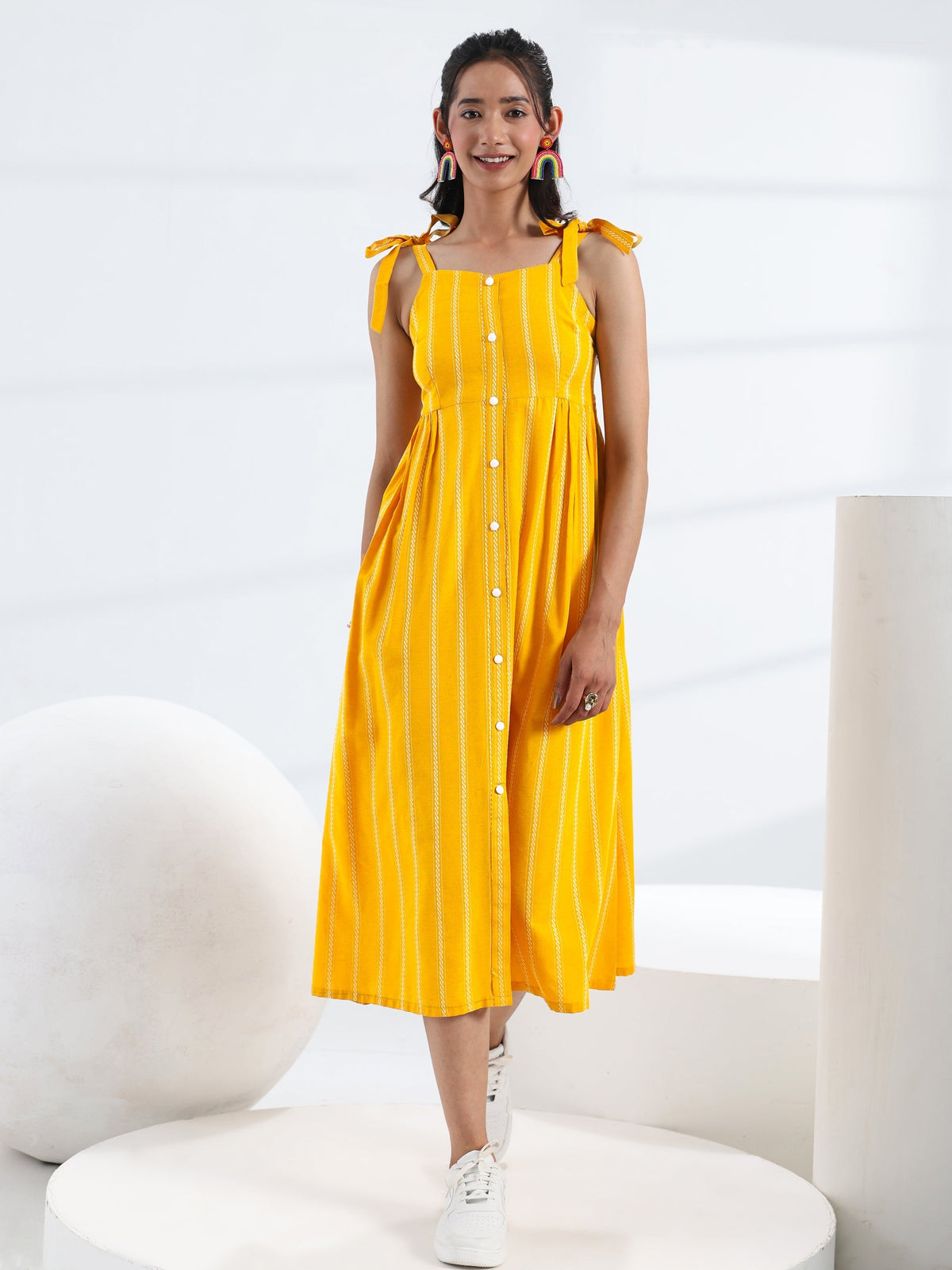 Gerua Yellow Striped Woven Design Cotton Blend A-Line One Piece Dress