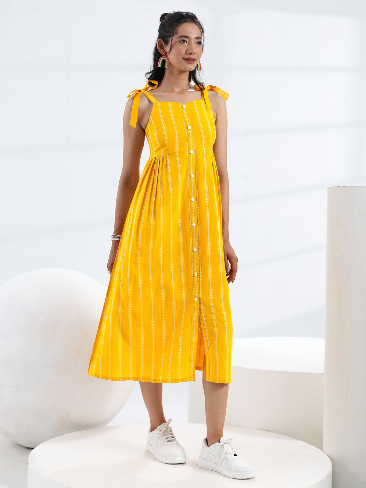 Gerua Yellow Striped Woven Design Cotton Blend A-Line One Piece Dress