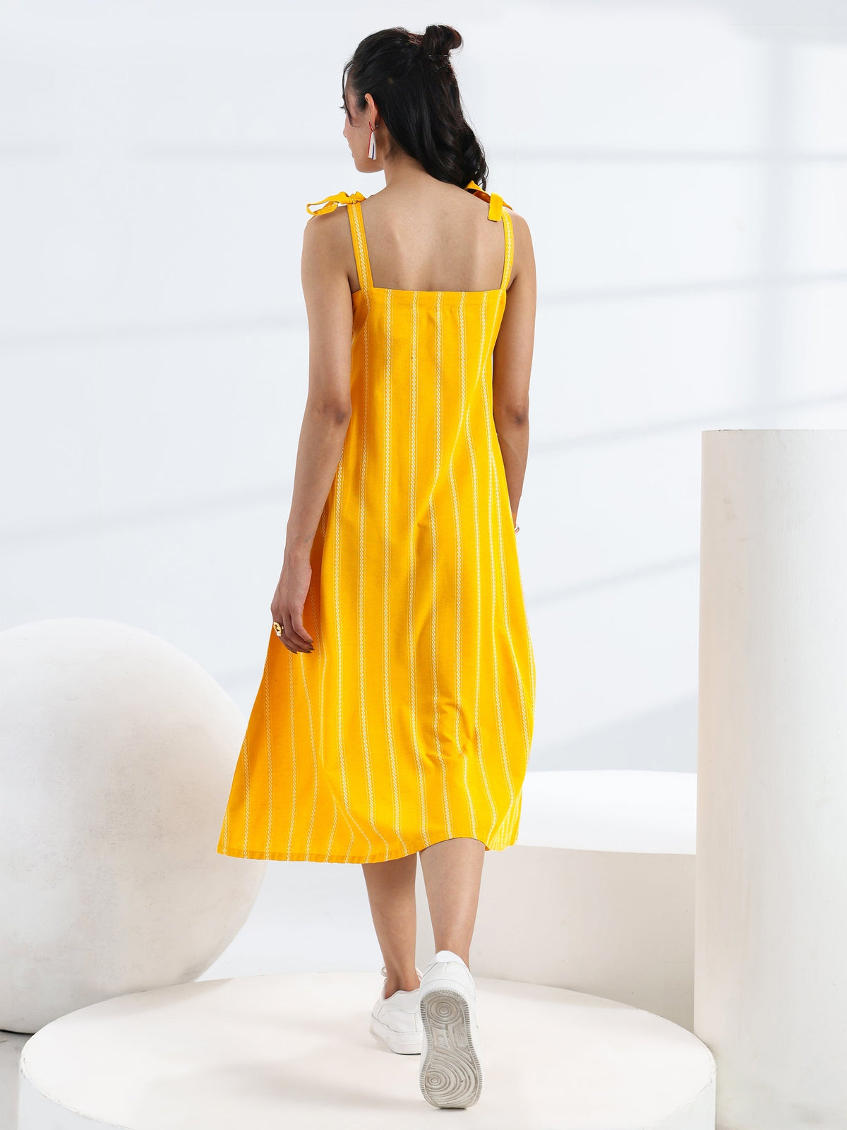 Gerua Yellow Striped Woven Design Cotton Blend A-Line One Piece Dress
