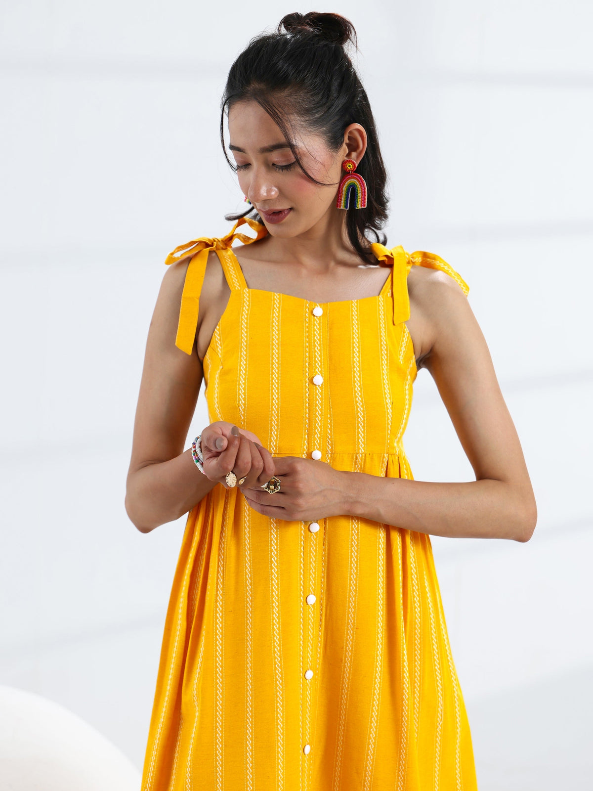Gerua Yellow Striped Woven Design Cotton Blend A-Line One Piece Dress