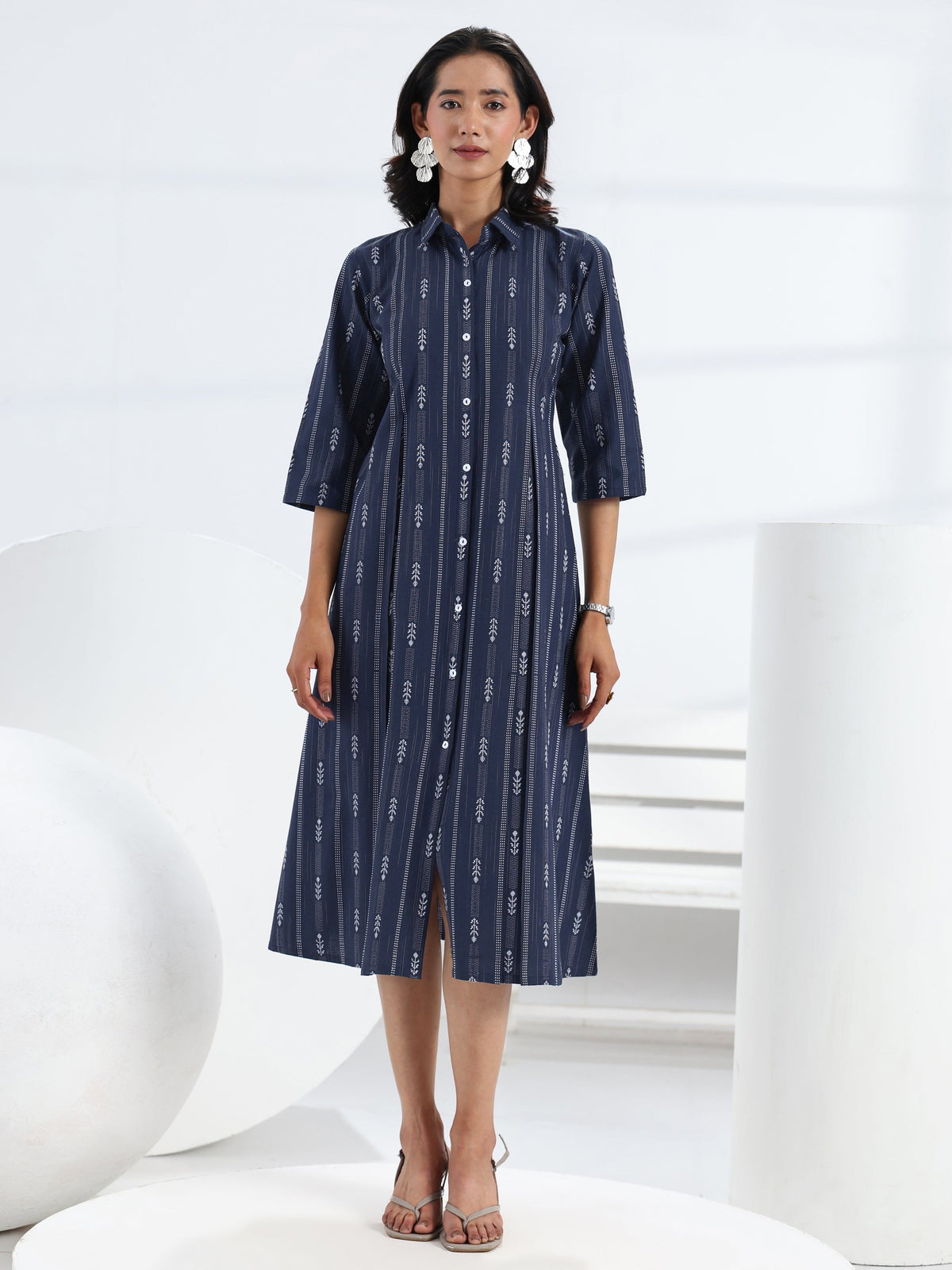 Gerua Navy Blue Ethnic Motif Woven Design Cotton Blend A-Line One Piece Dress