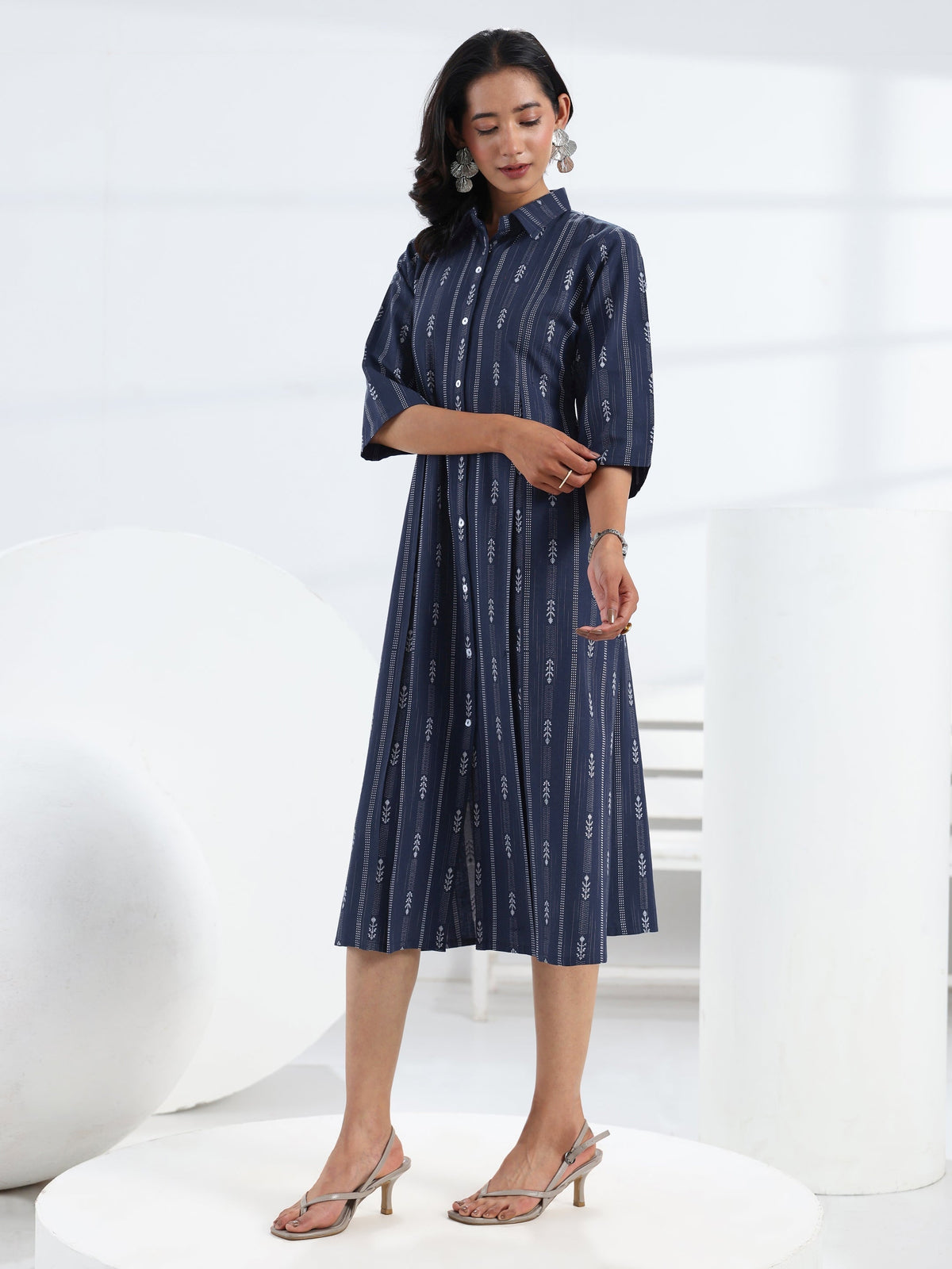 Gerua Navy Blue Ethnic Motif Woven Design Cotton Blend A-Line One Piece Dress