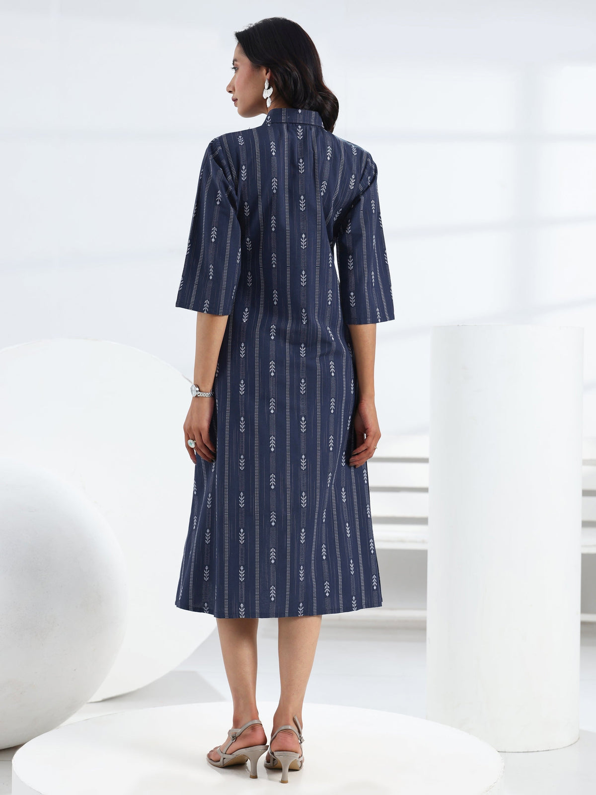 Gerua Navy Blue Ethnic Motif Woven Design Cotton Blend A-Line One Piece Dress