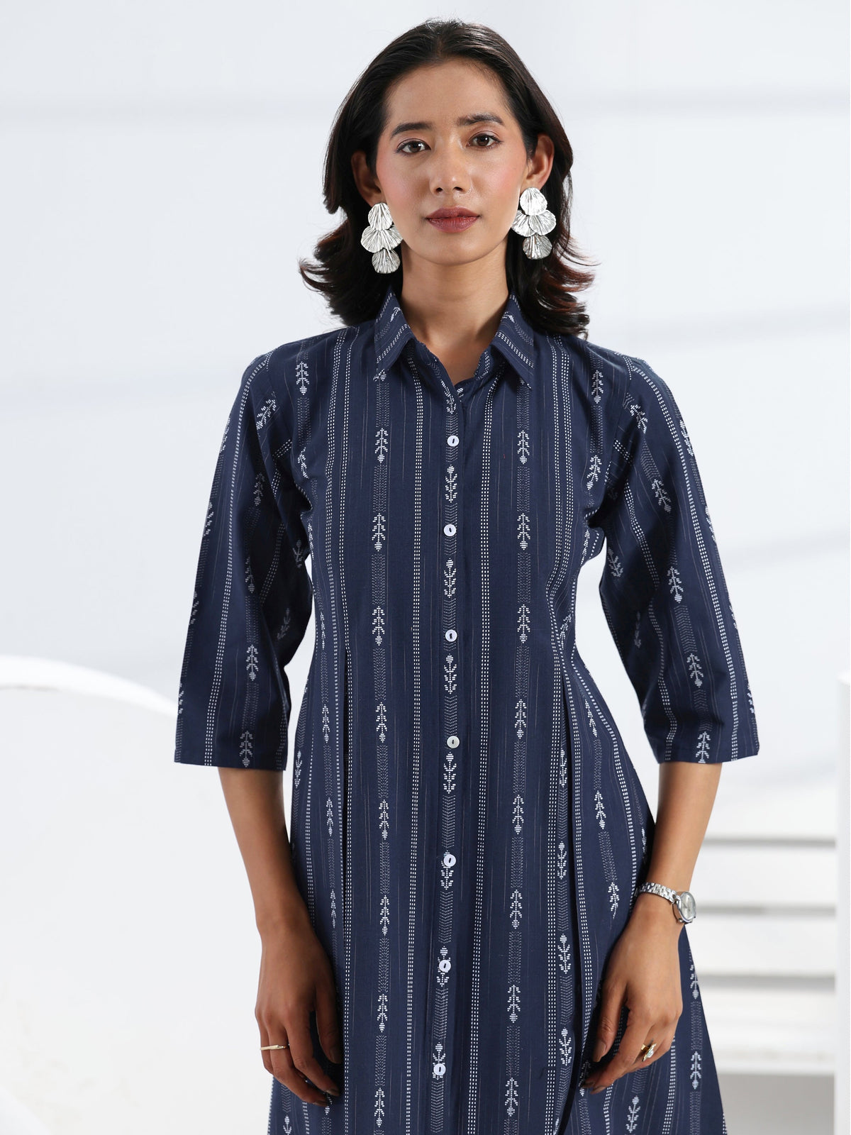 Gerua Navy Blue Ethnic Motif Woven Design Cotton Blend A-Line One Piece Dress