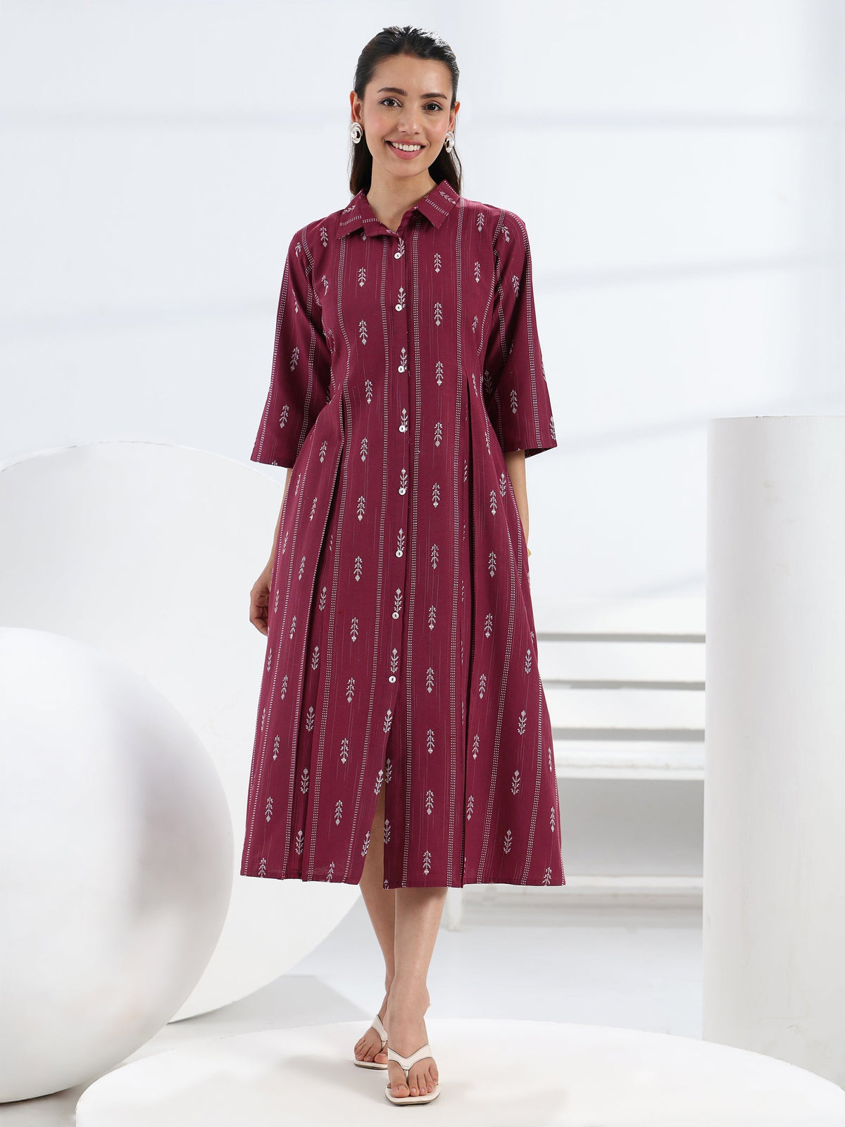 Gerua Maroon Ethnic Motif Woven Design Cotton Blend A-Line One Piece Dress