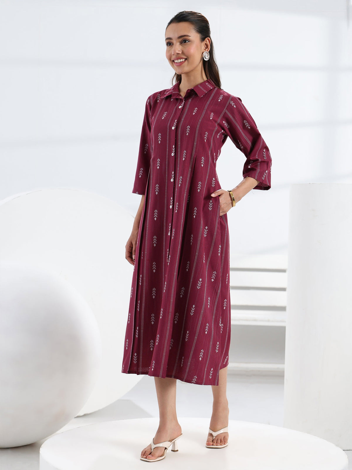 Gerua Maroon Ethnic Motif Woven Design Cotton Blend A-Line One Piece Dress