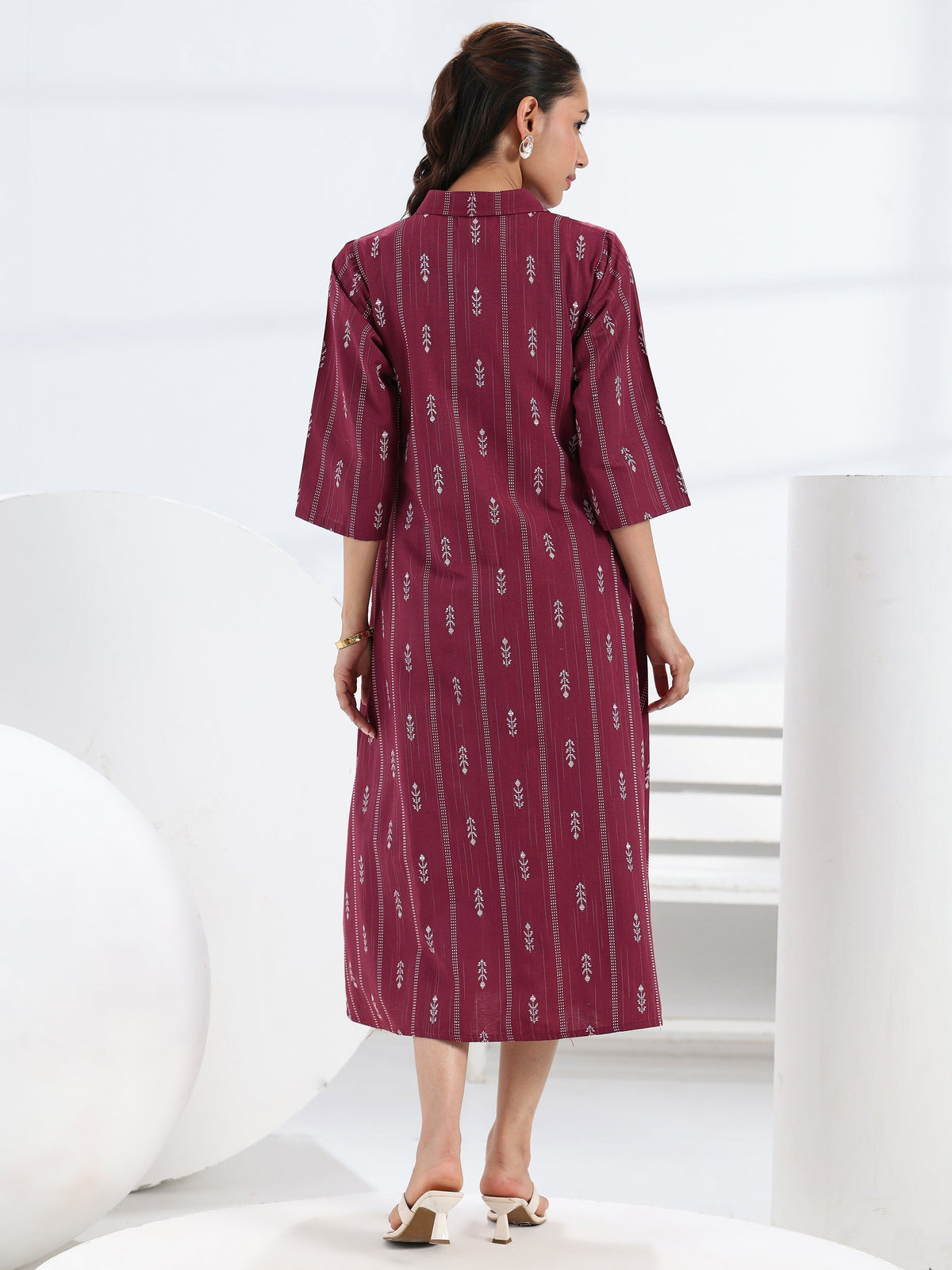 Gerua Maroon Ethnic Motif Woven Design Cotton Blend A-Line One Piece Dress