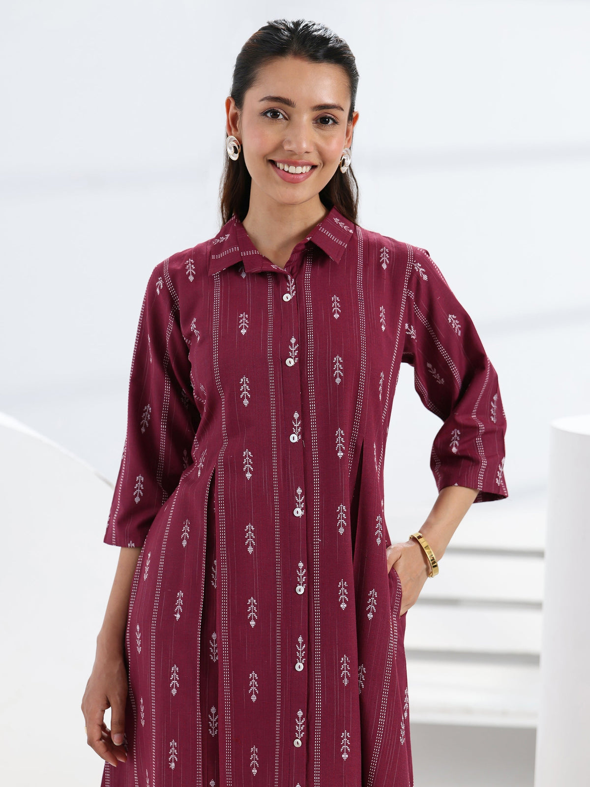 Gerua Maroon Ethnic Motif Woven Design Cotton Blend A-Line One Piece Dress