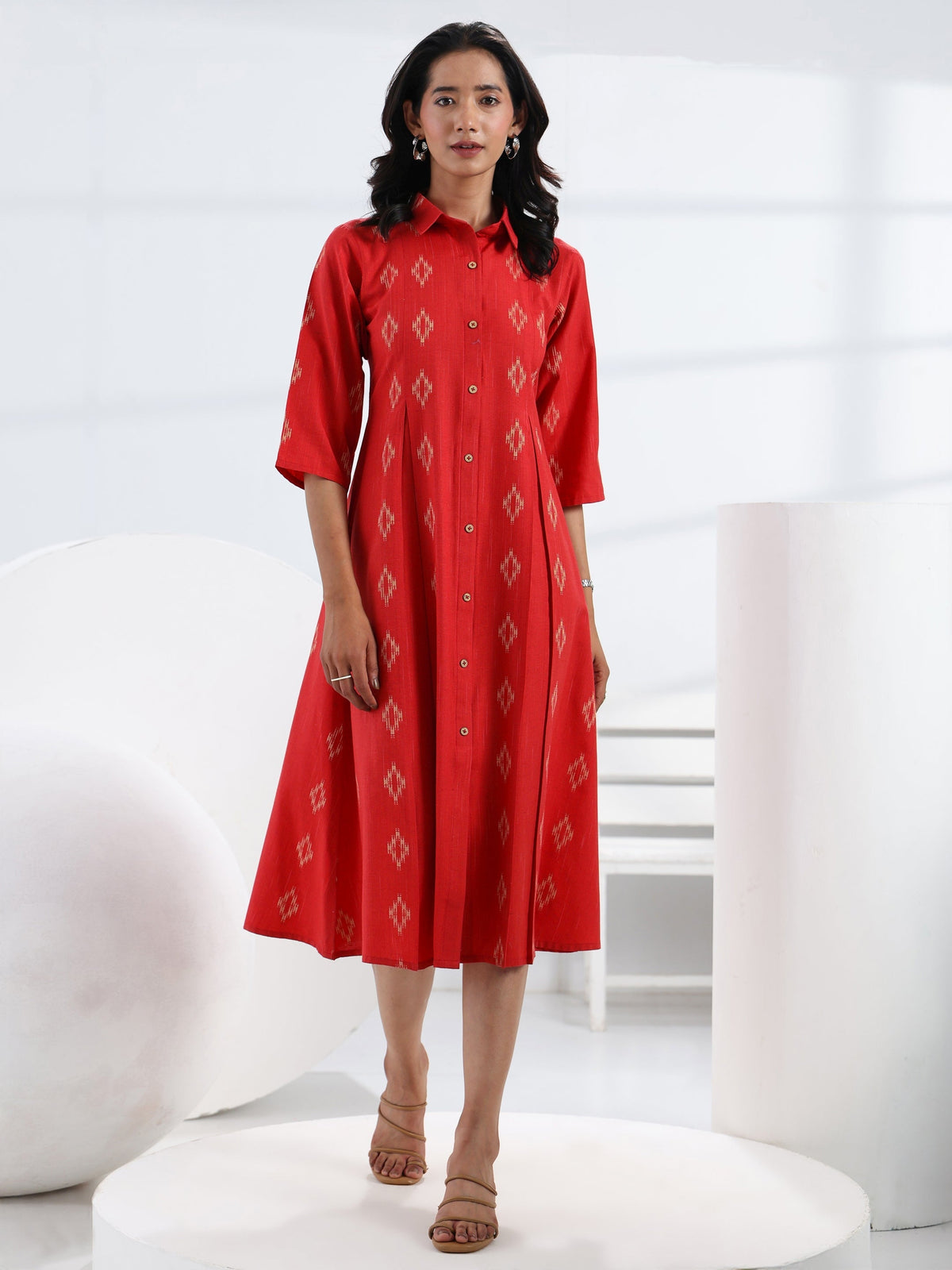 Gerua Red Ethnic Motif Woven Design Cotton Blend A-Line One Piece Dress