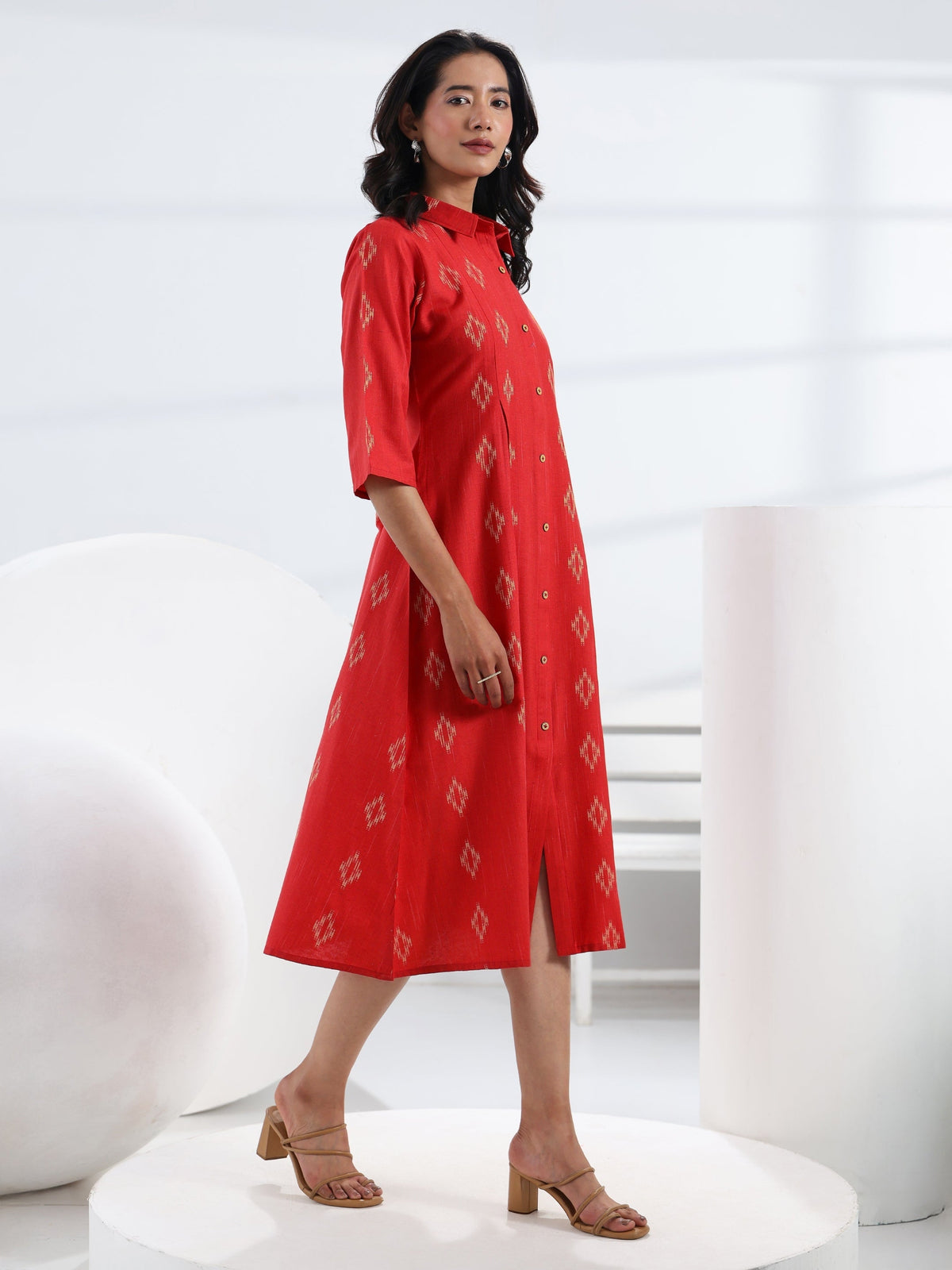 Gerua Red Ethnic Motif Woven Design Cotton Blend A-Line One Piece Dress