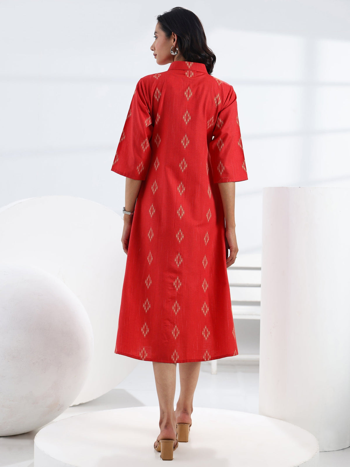Gerua Red Ethnic Motif Woven Design Cotton Blend A-Line One Piece Dress
