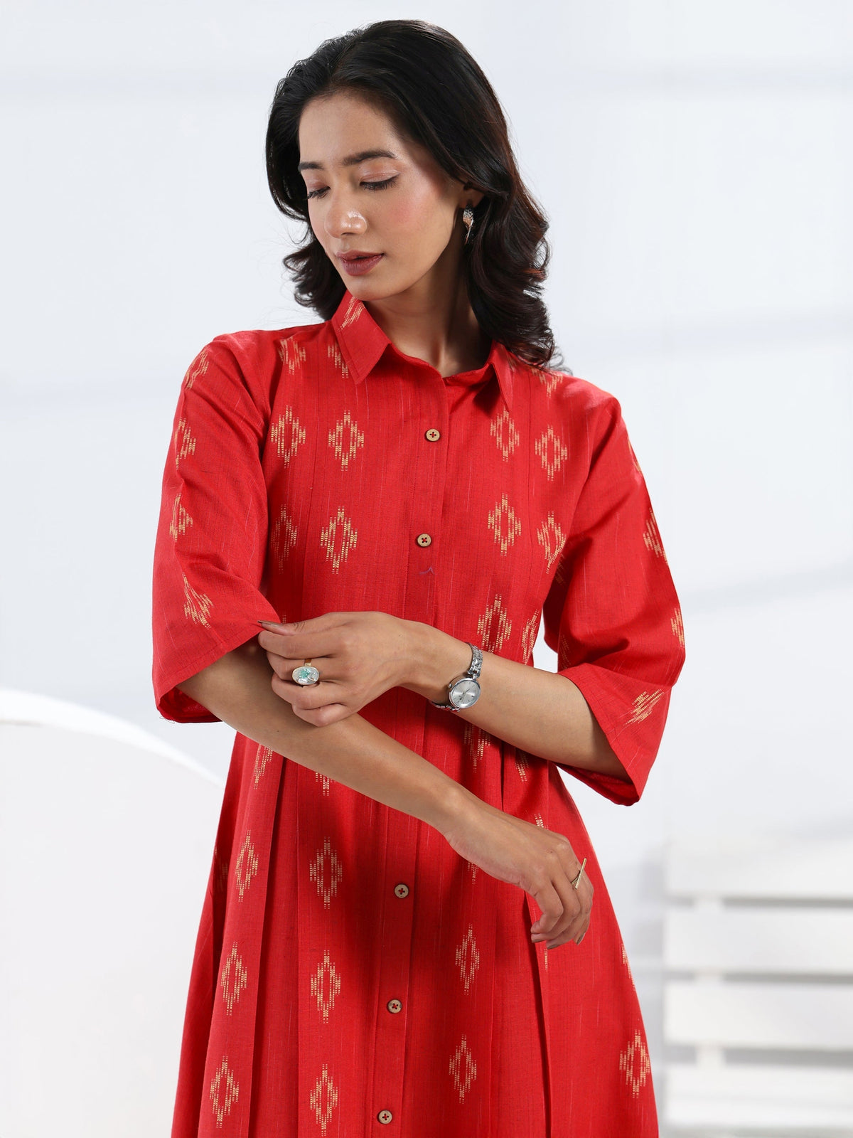 Gerua Red Ethnic Motif Woven Design Cotton Blend A-Line One Piece Dress