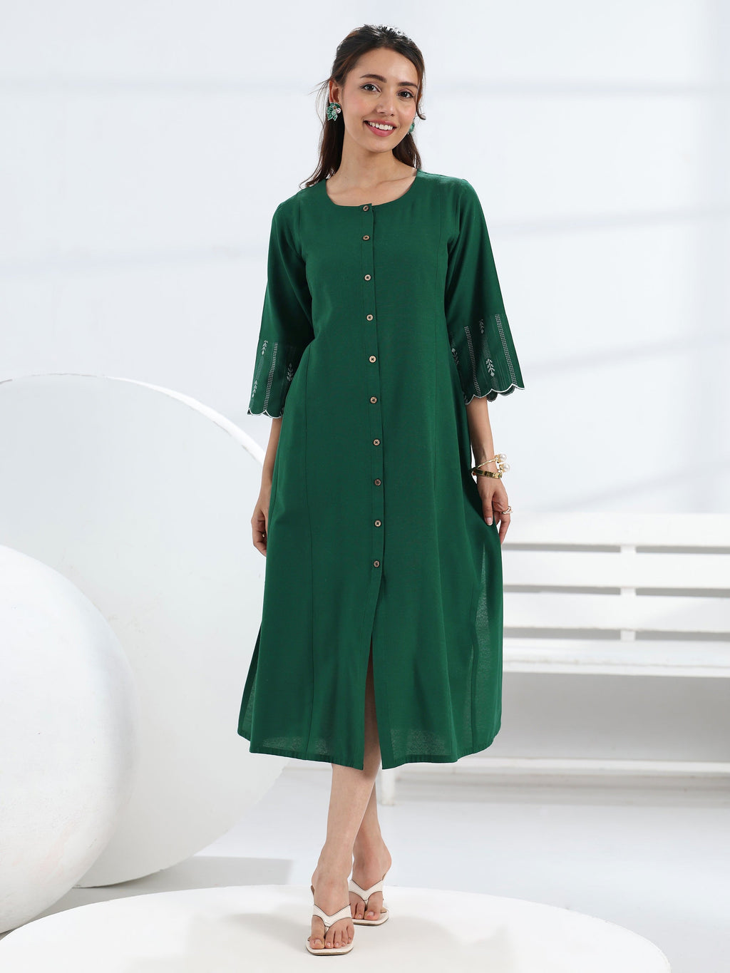 Gerua Green Solid Cotton Blend A-Line One Piece Dress