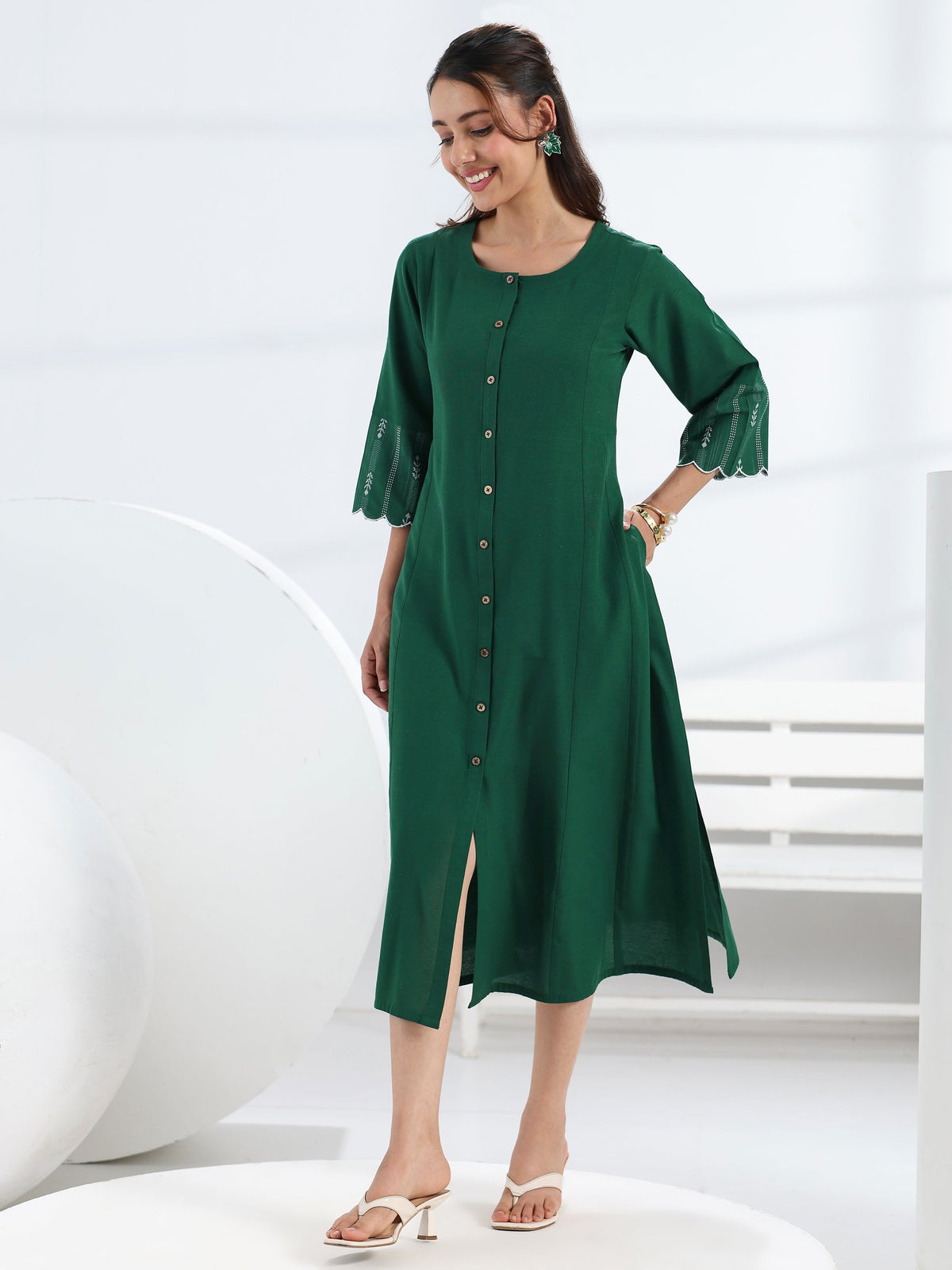 Gerua Green Solid Cotton Blend A-Line One Piece Dress