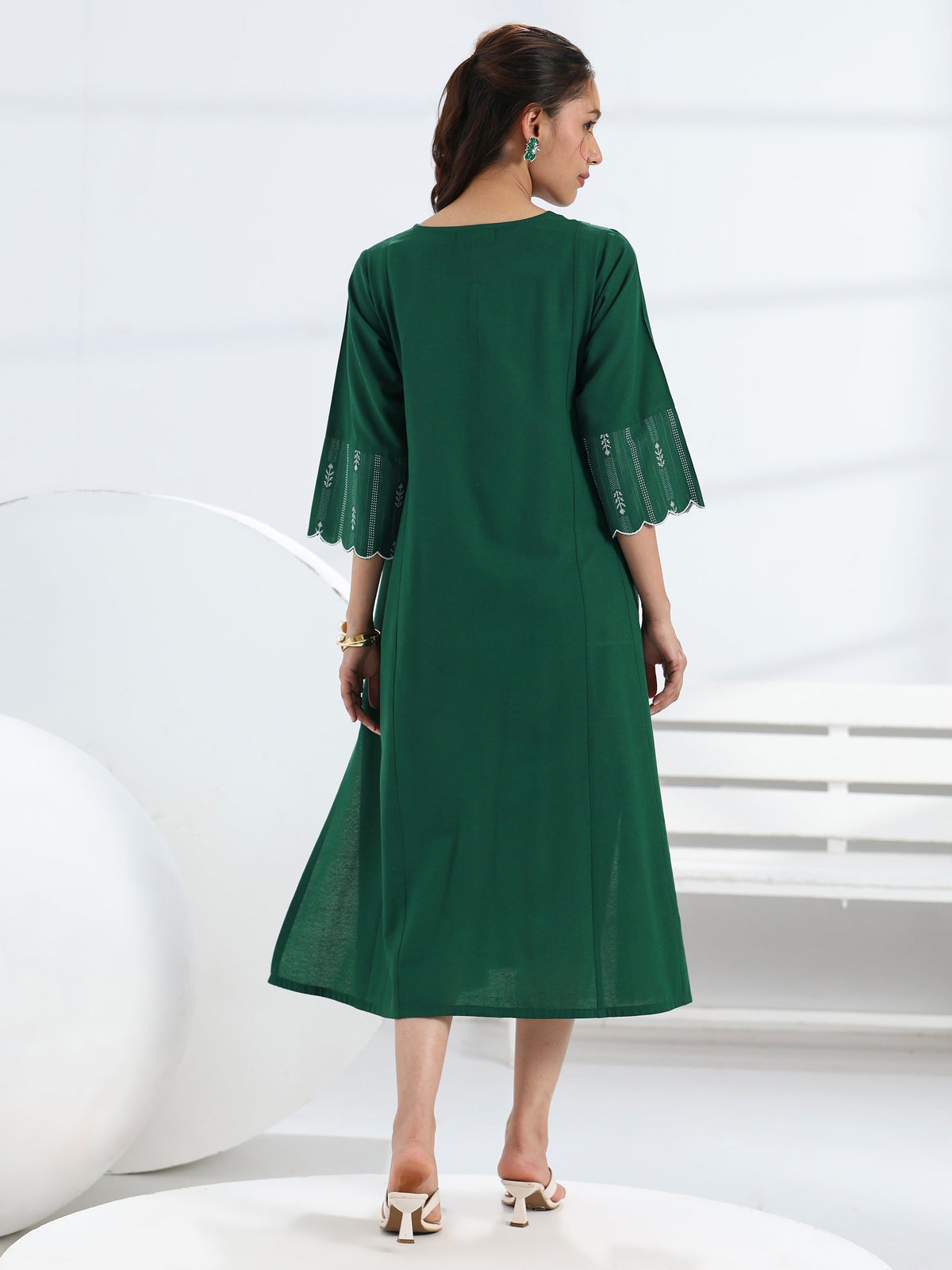 Gerua Green Solid Cotton Blend A-Line One Piece Dress