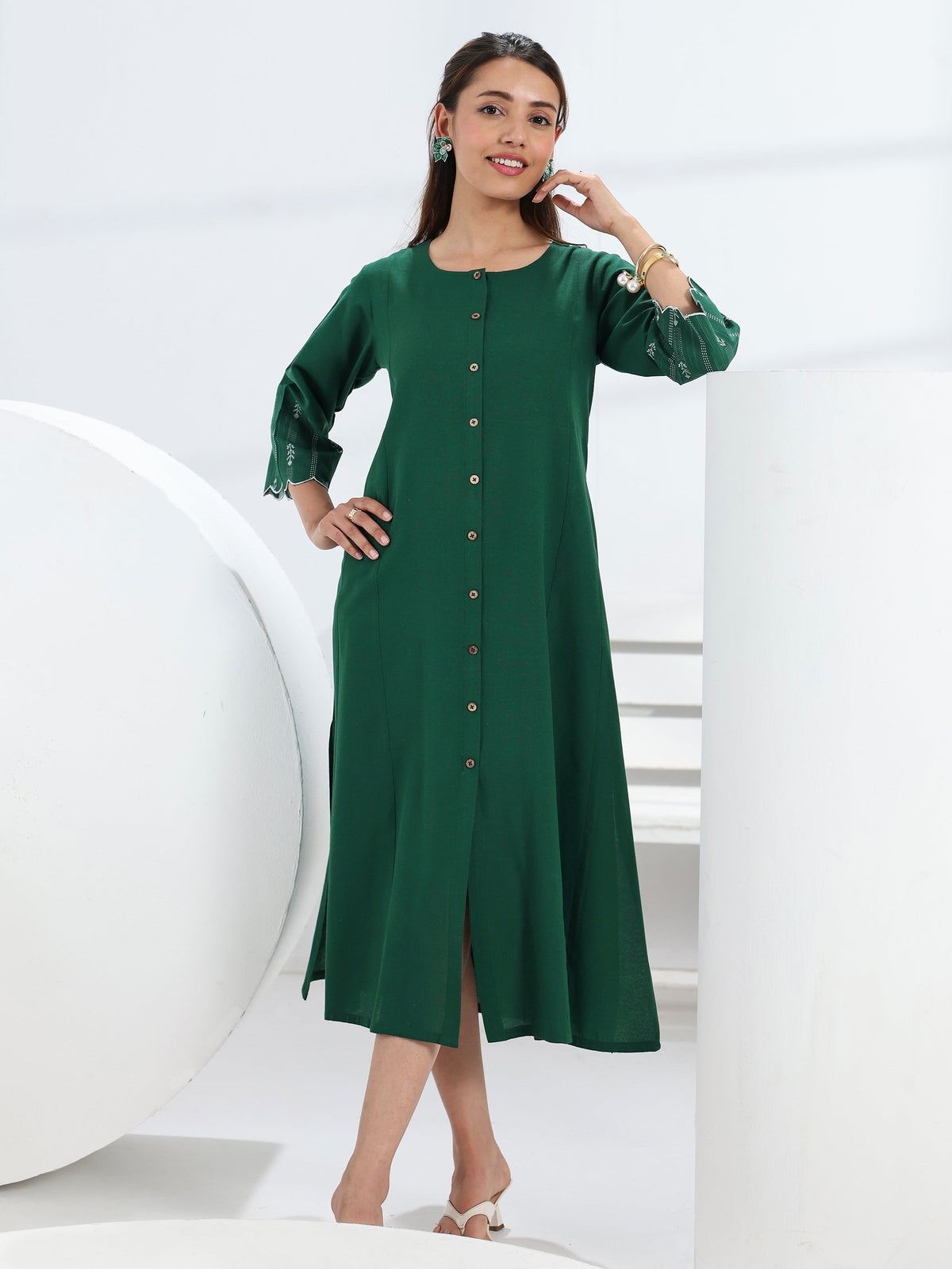 Gerua Green Solid Cotton Blend A-Line One Piece Dress
