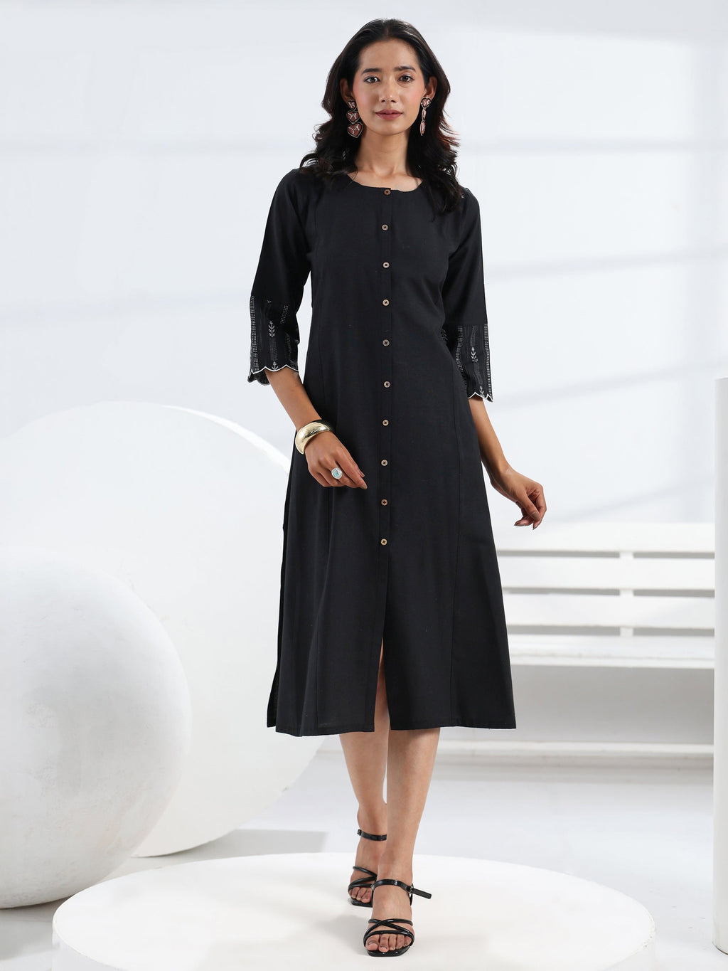 Gerua Black Solid Cotton Blend A-Line One Piece Dress