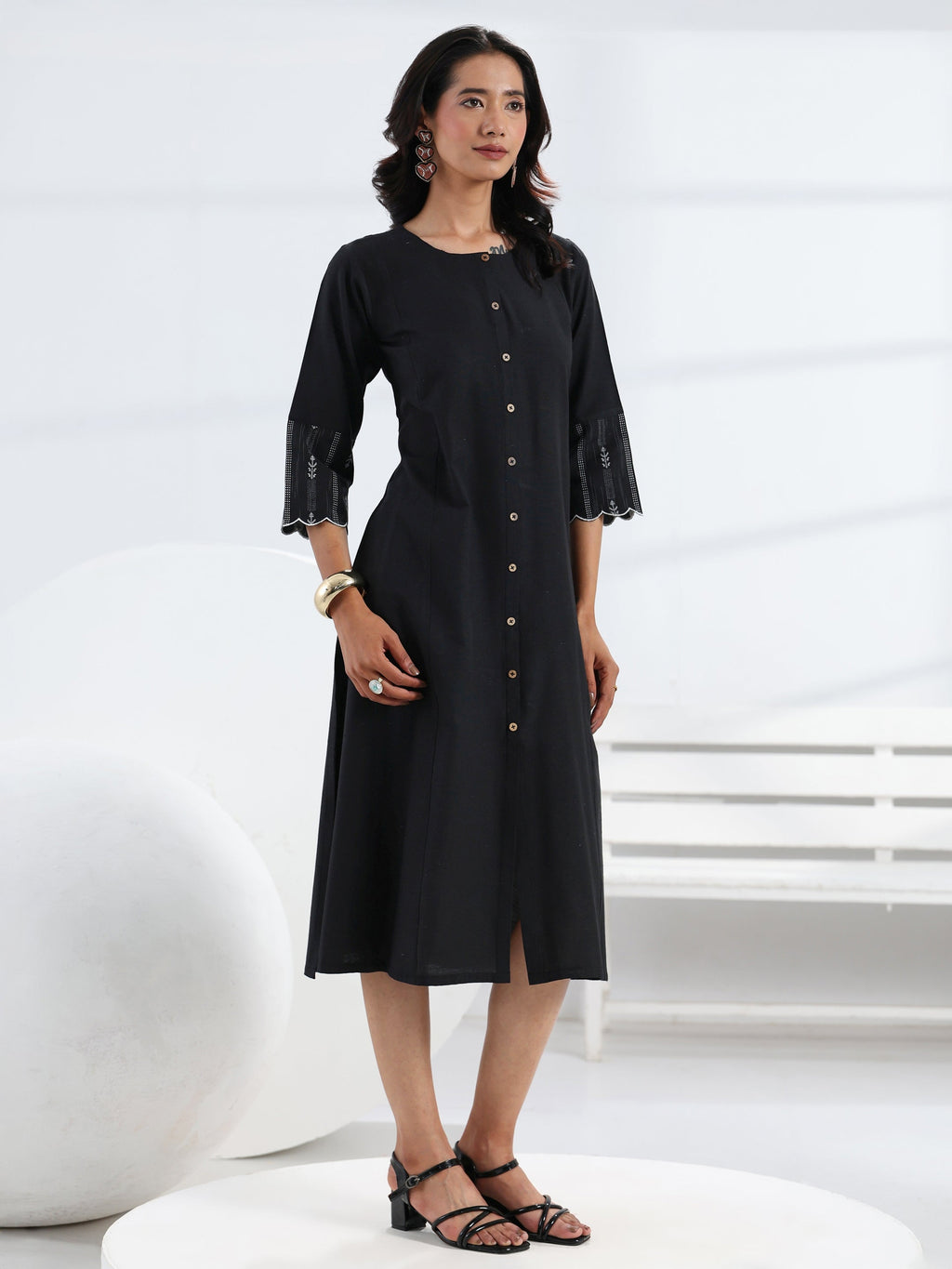 Gerua Black Solid Cotton Blend A-Line One Piece Dress