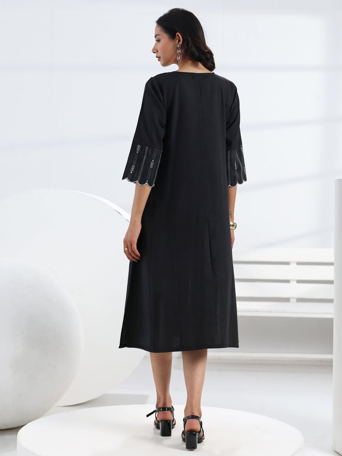 Gerua Black Solid Cotton Blend A-Line One Piece Dress