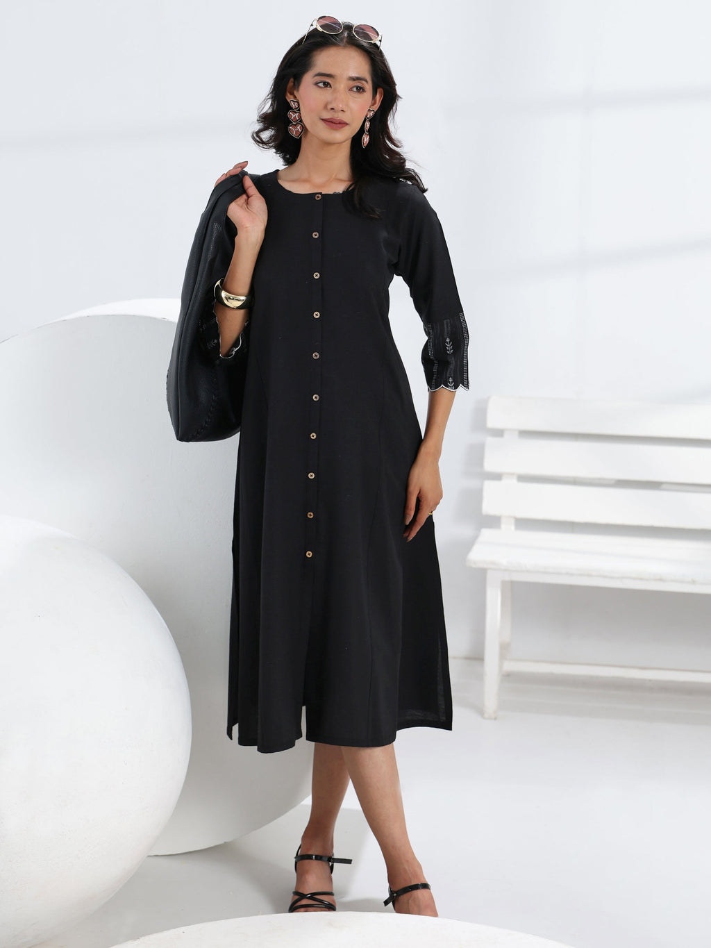 Gerua Black Solid Cotton Blend A-Line One Piece Dress