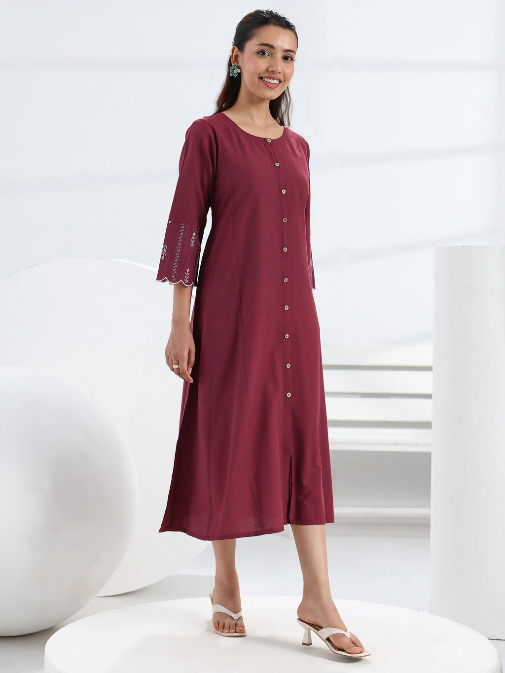 Gerua Maroon Solid Cotton Blend A-Line One Piece Dress