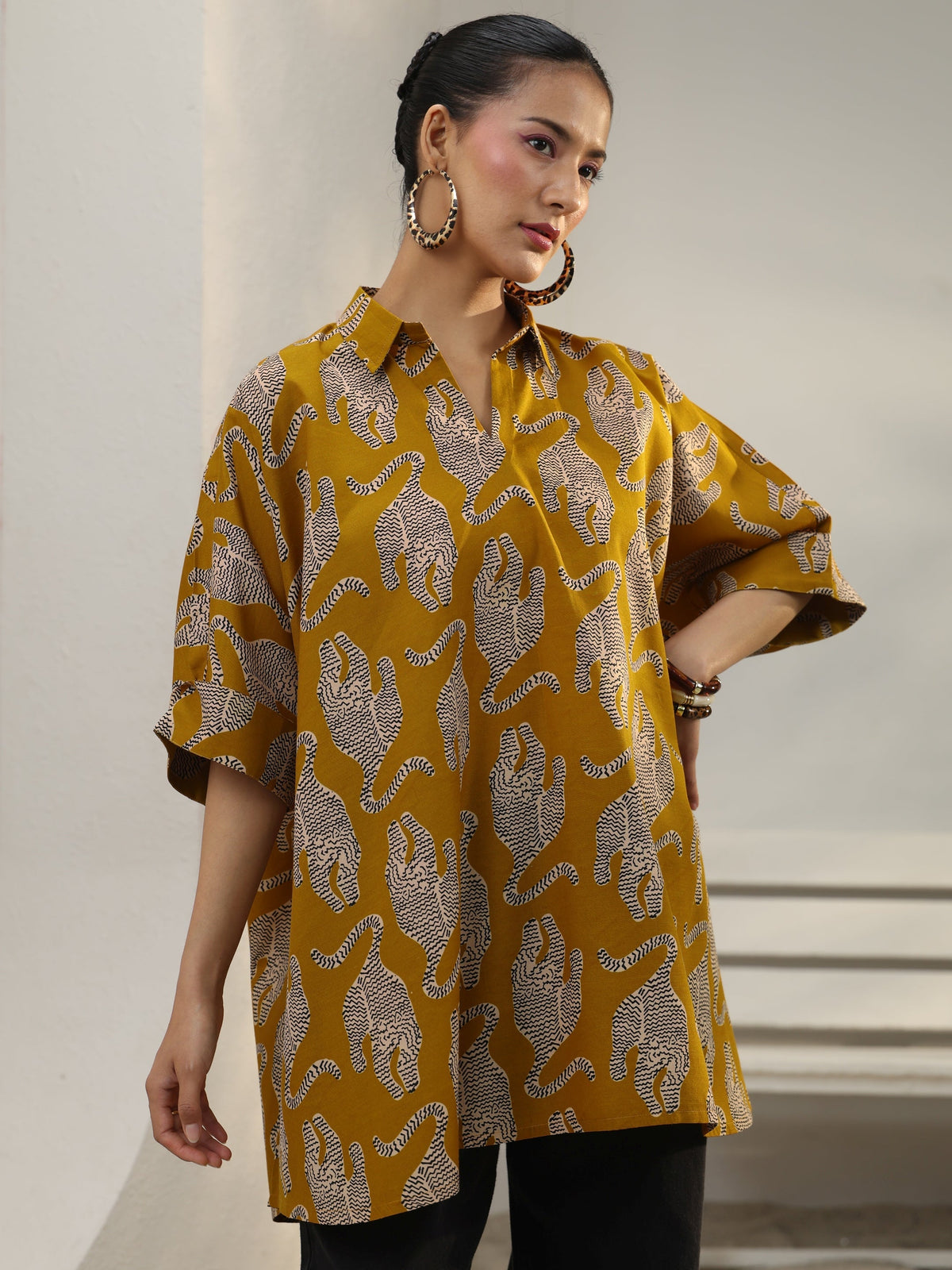 Gerua Power Move Mustard Quirky Printed Cotton Blend Shirt