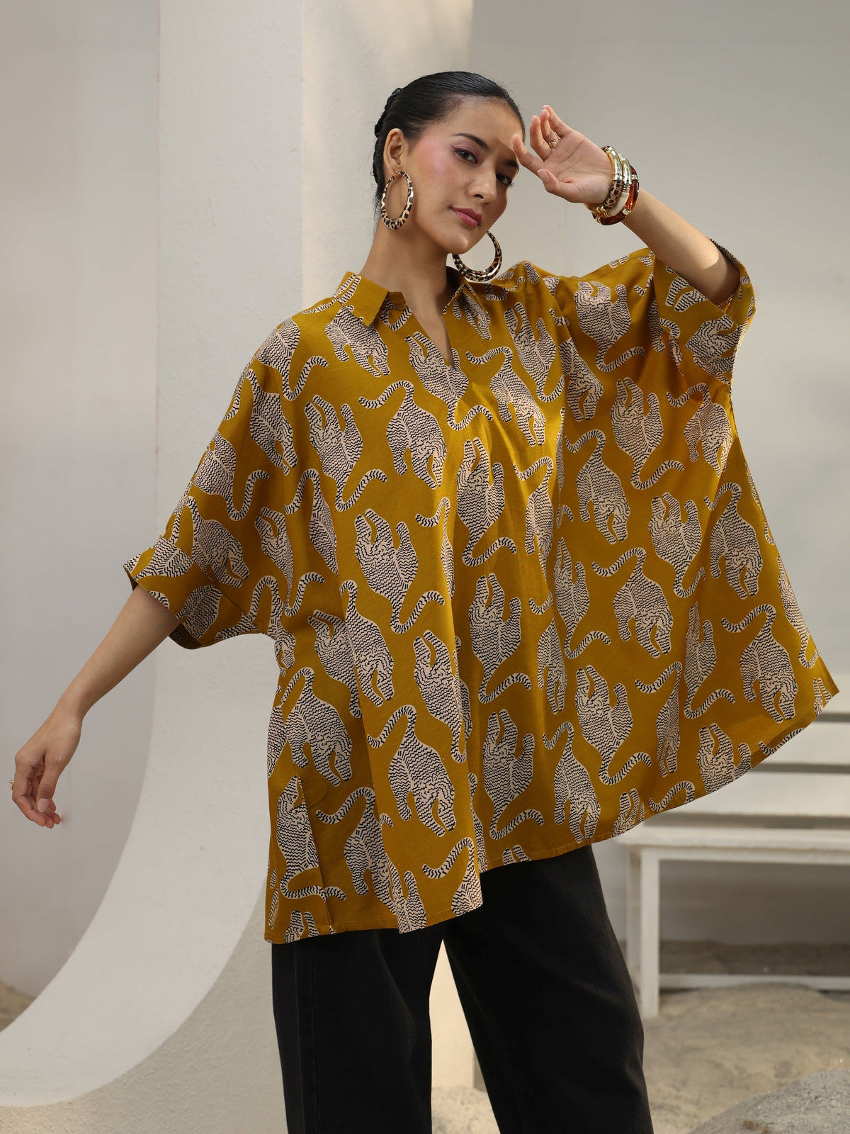 Gerua Power Move Mustard Quirky Printed Cotton Blend Shirt