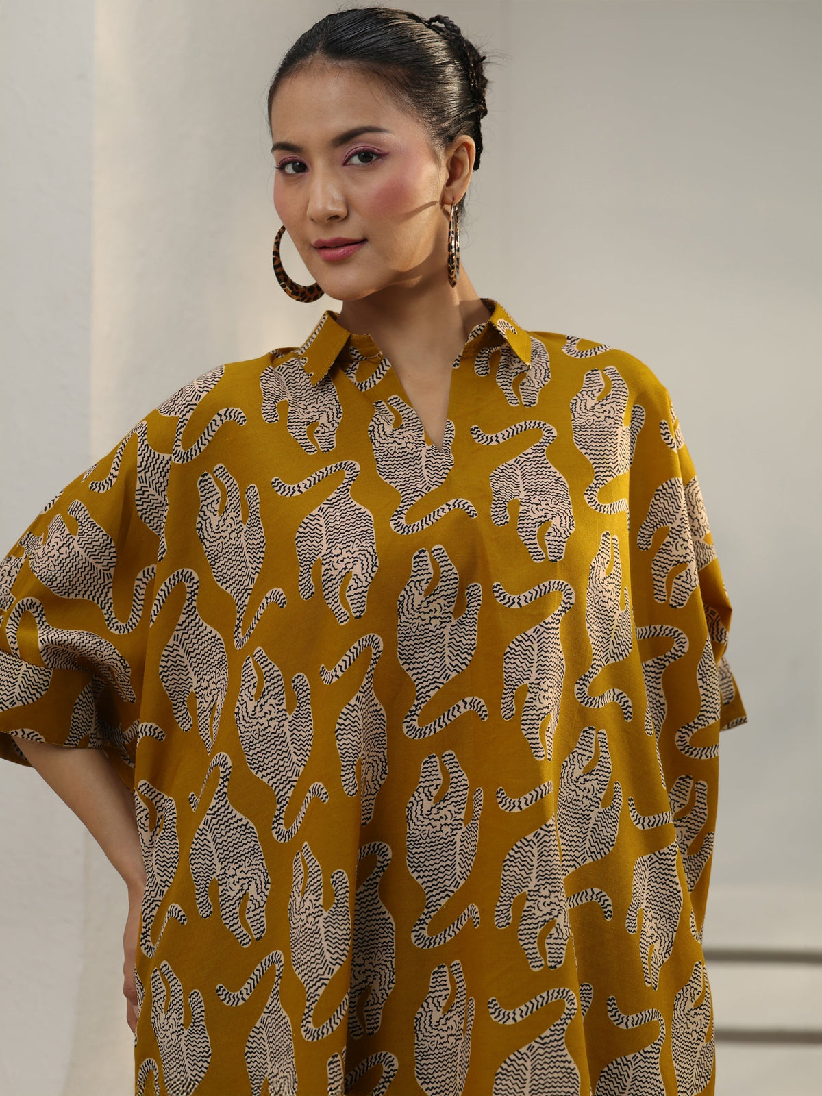 Gerua Power Move Mustard Quirky Printed Cotton Blend Shirt