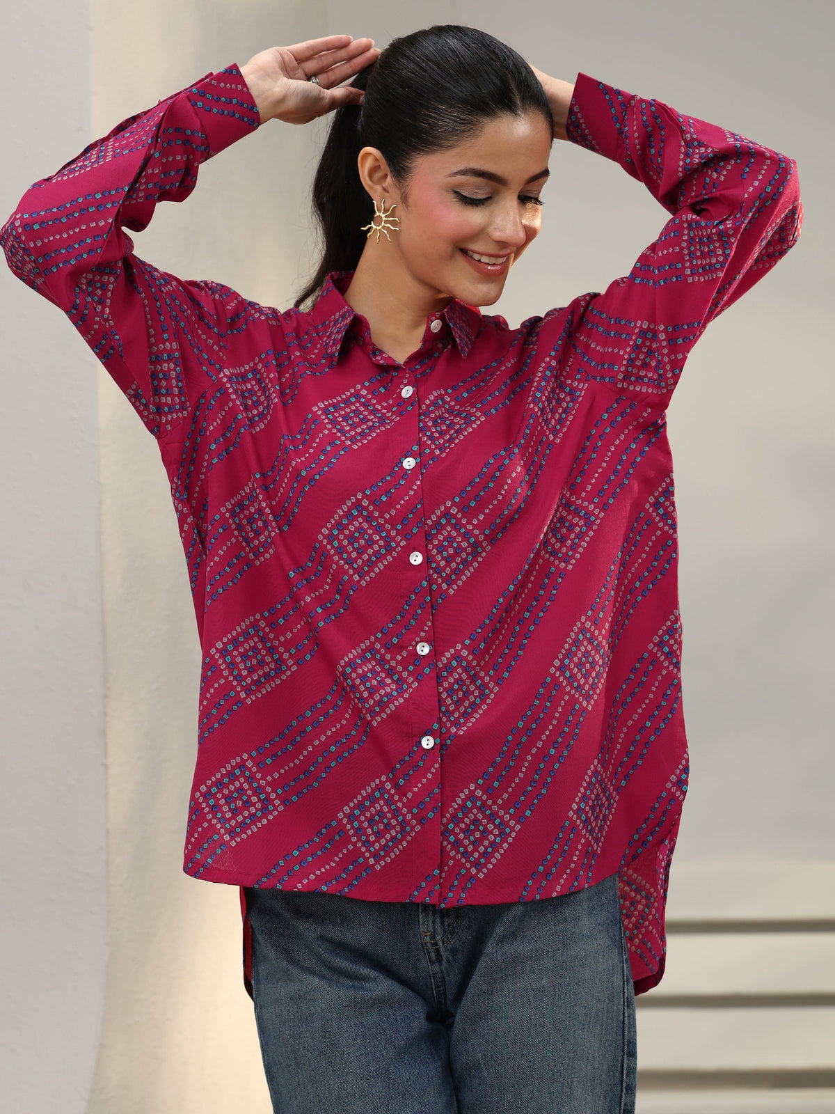 Gerua Pink Bandhani Printed Cotton Blend Shirt