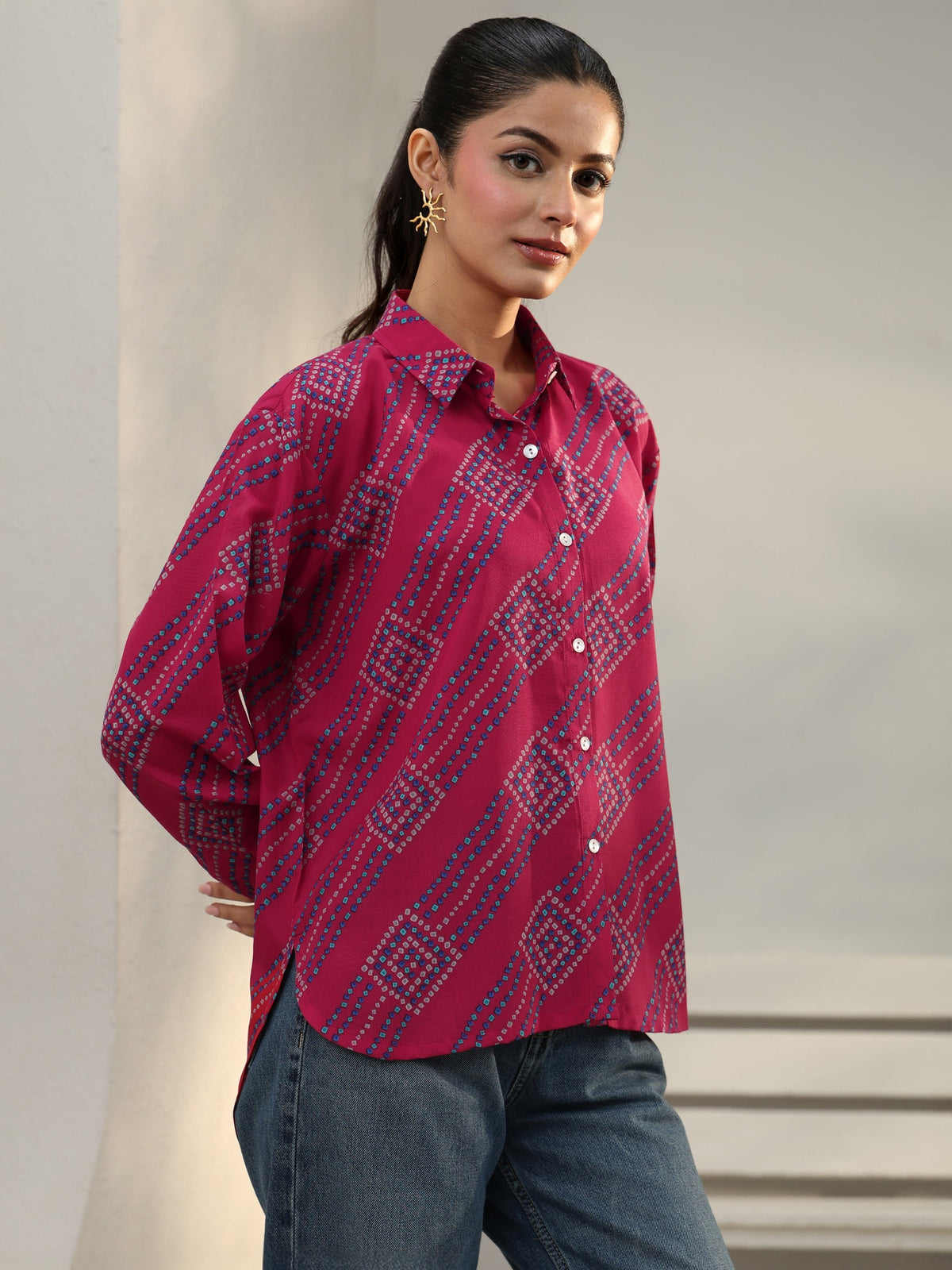 Gerua Pink Bandhani Printed Cotton Blend Shirt