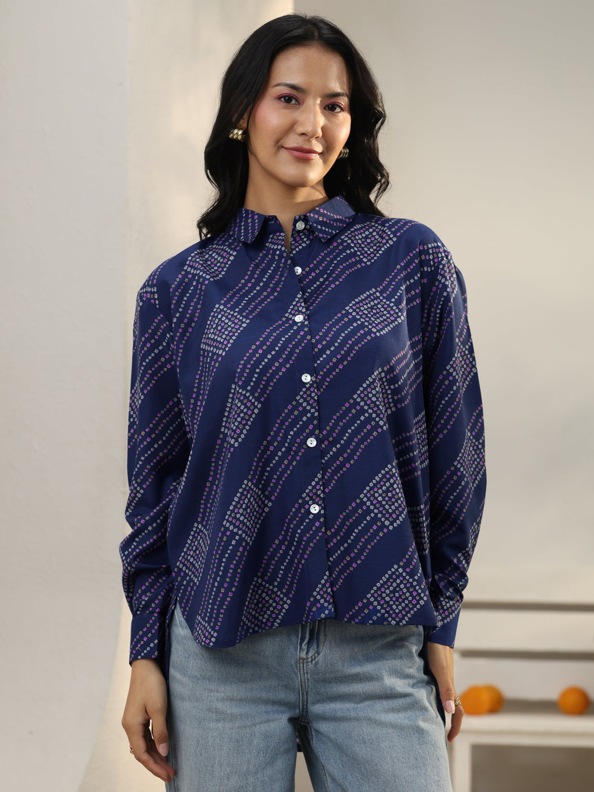 Gerua Blue Bandhani Printed Cotton Blend Shirt