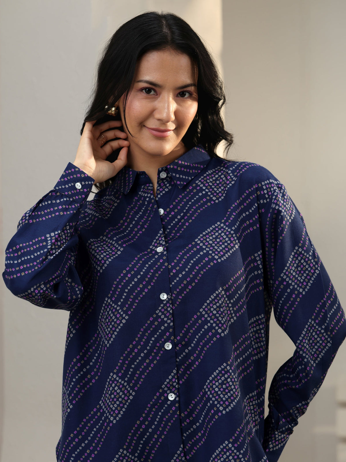 Gerua Blue Bandhani Printed Cotton Blend Shirt