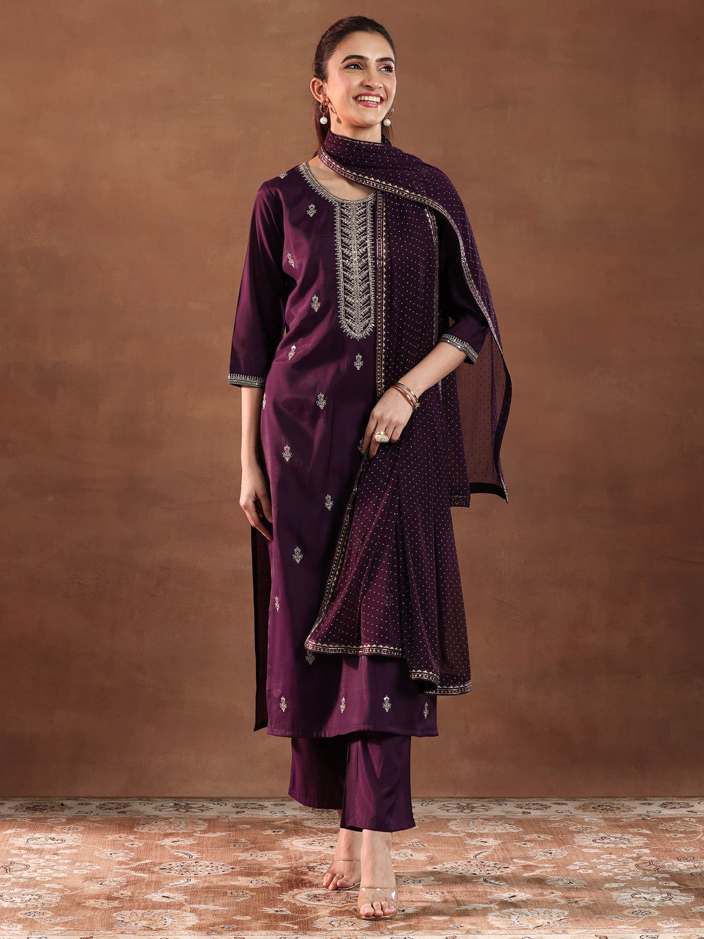 Gerua Wine Embroidered Silk Blend Straight Suit With Dupatta
