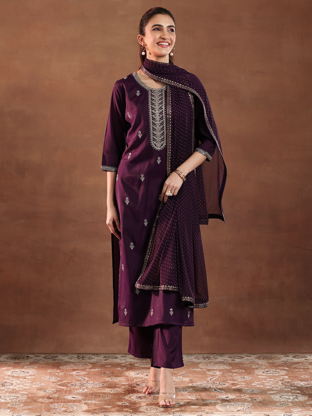 Gerua Wine Embroidered Silk Blend Straight Suit With Dupatta