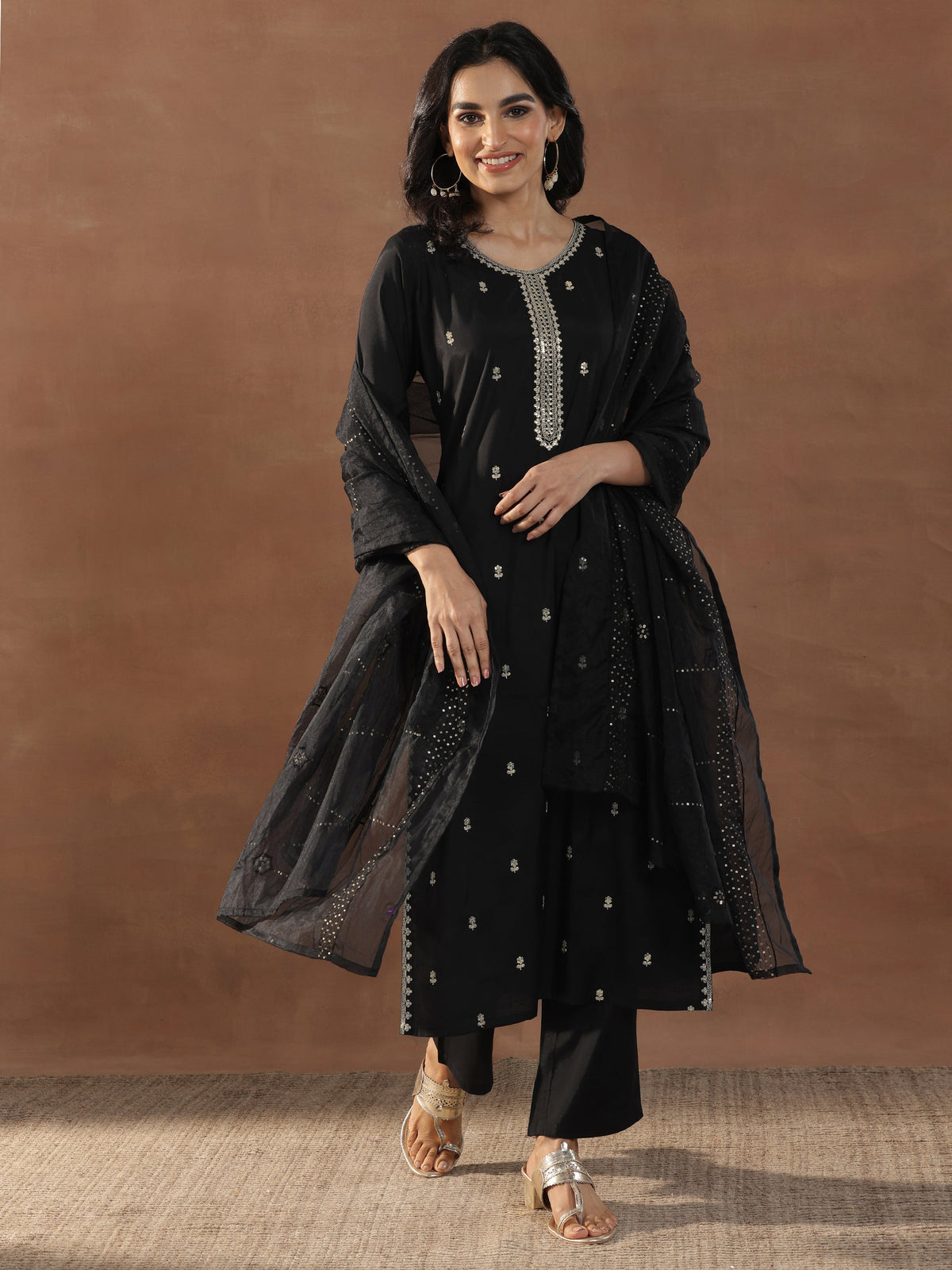 Gerua Black Embroidered Silk Blend Straight Suit Set With Dupatta