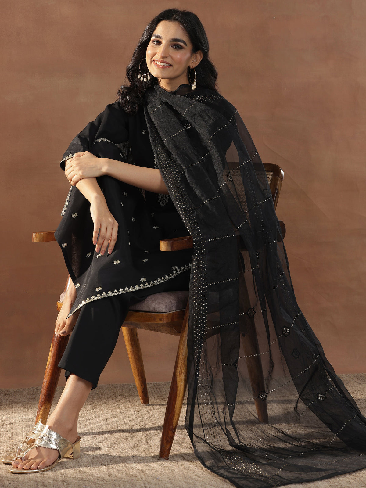 Gerua Black Embroidered Silk Blend Straight Suit Set With Dupatta