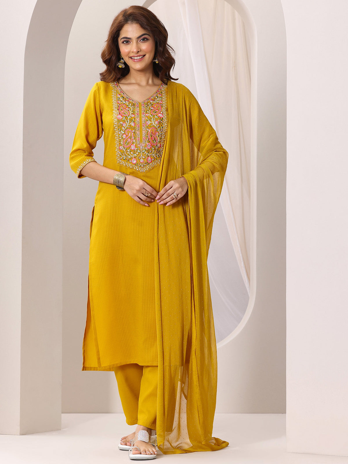 Gerua Yellow Yoke Design Silk Blend Straight Suit Set With Dupatta