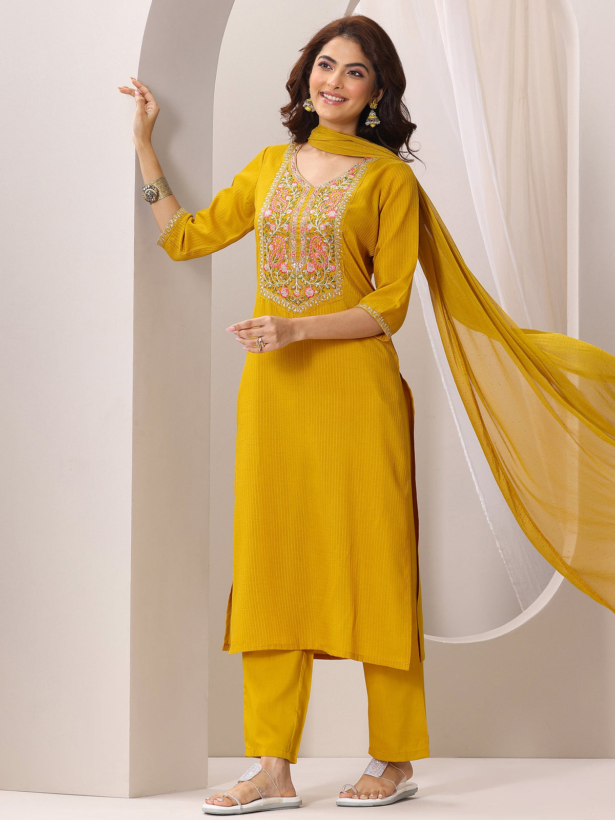 Gerua Yellow Yoke Design Silk Blend Straight Suit Set With Dupatta