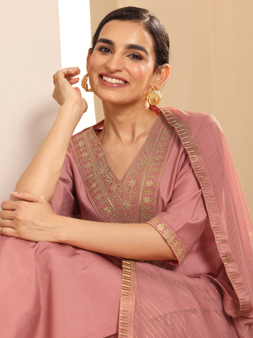 Gerua Peach Solid Silk Blend Straight Kurta Set