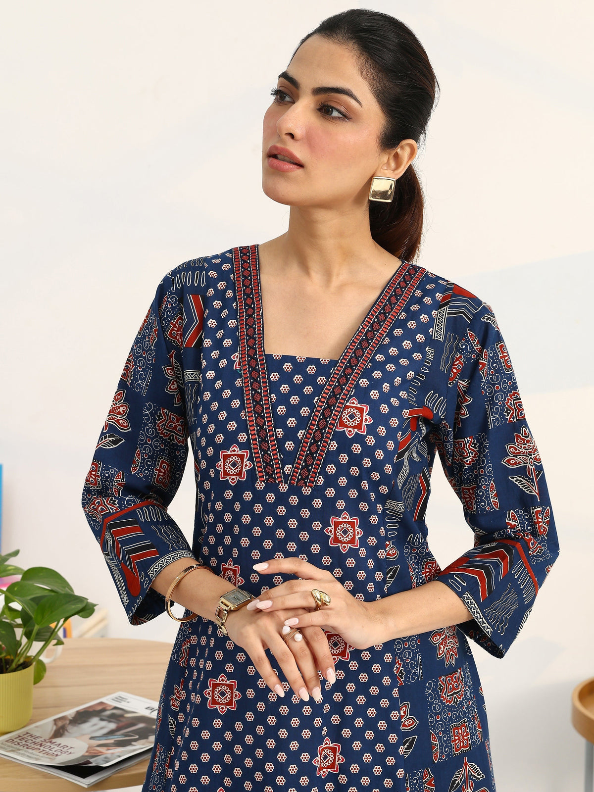 Gerua Blue Ethnic Motifs Printed Cotton Blend A-Line Suit Set With Dupatta